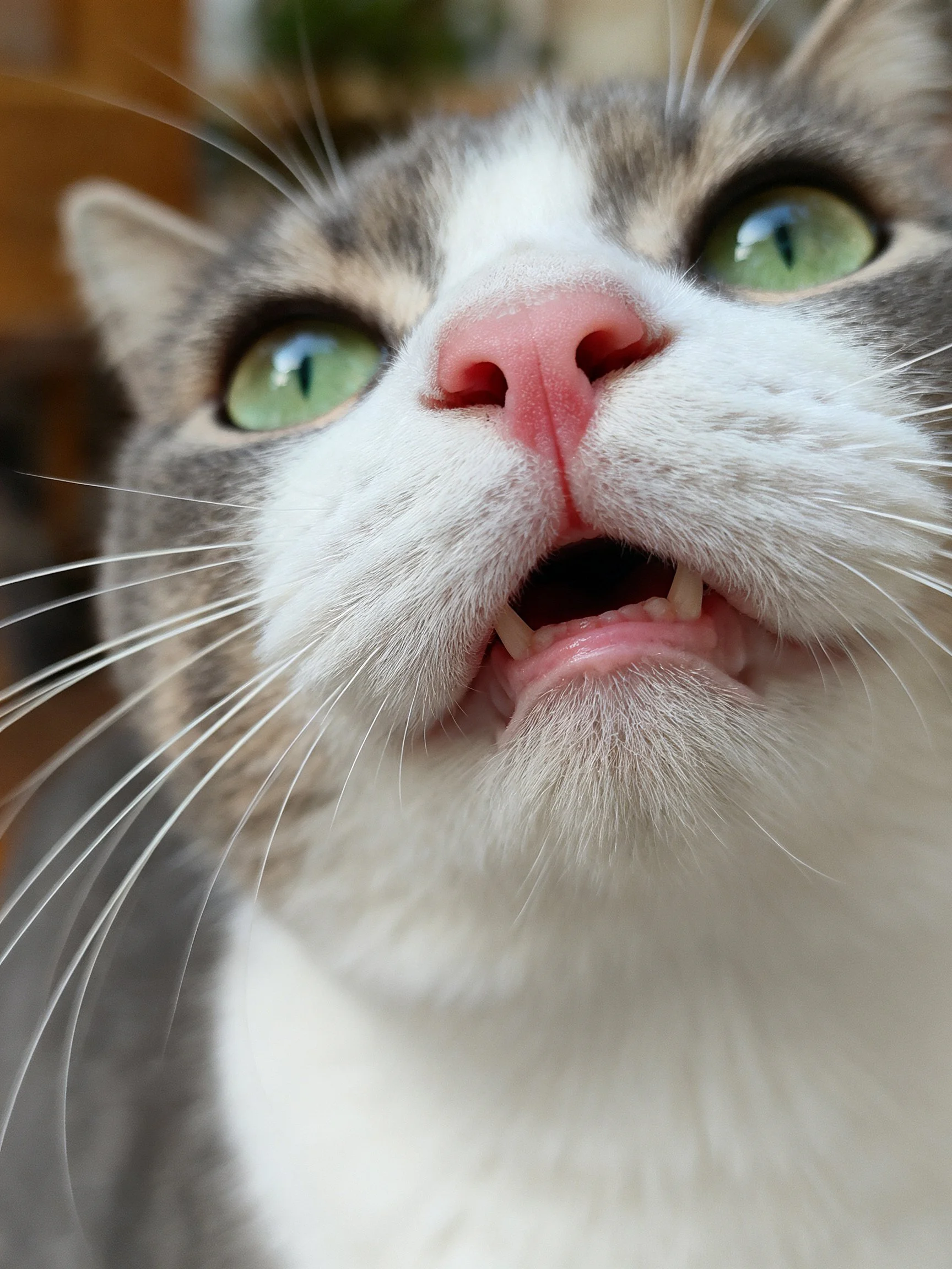 A close - up view of a gray and white cat with green eyes shows its open mouth.