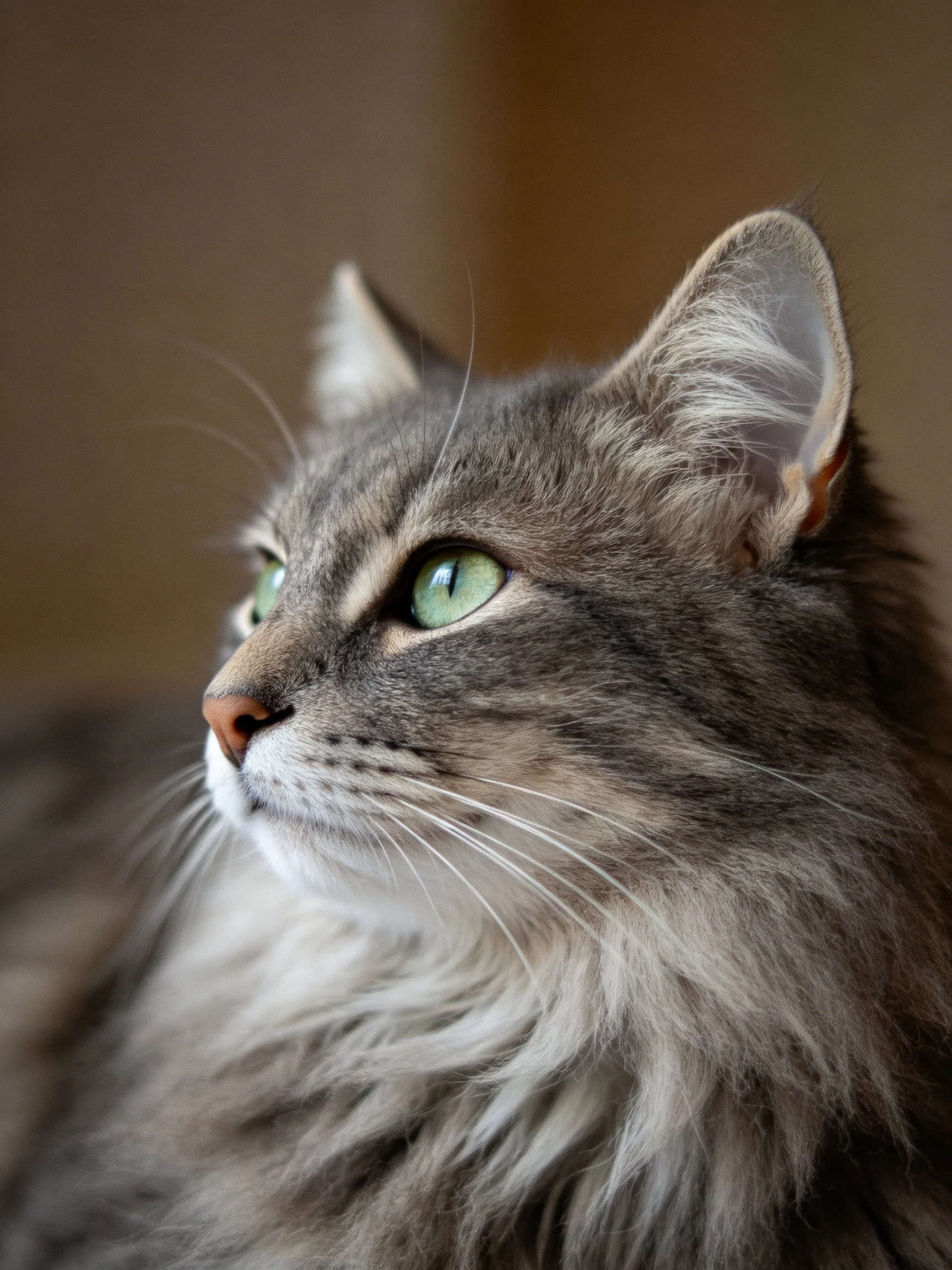 Close-up of a gray and white long-haired cat with bright green eyes