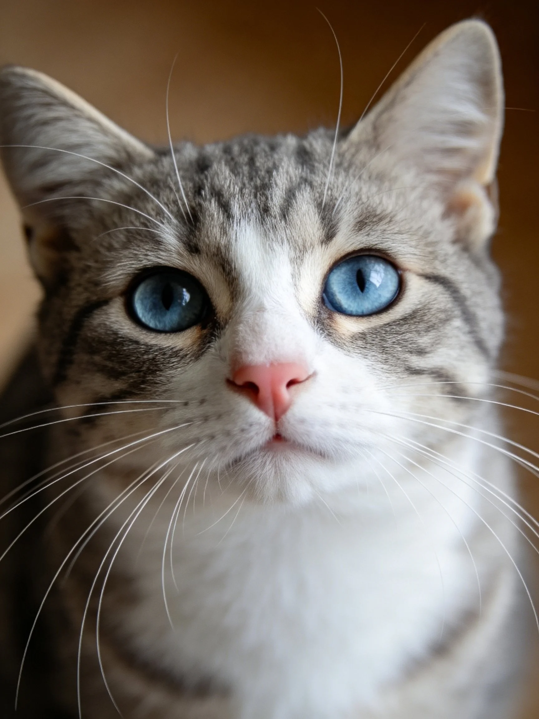 A close-up showcases a gray and white tabby cat with bright blue eyes.