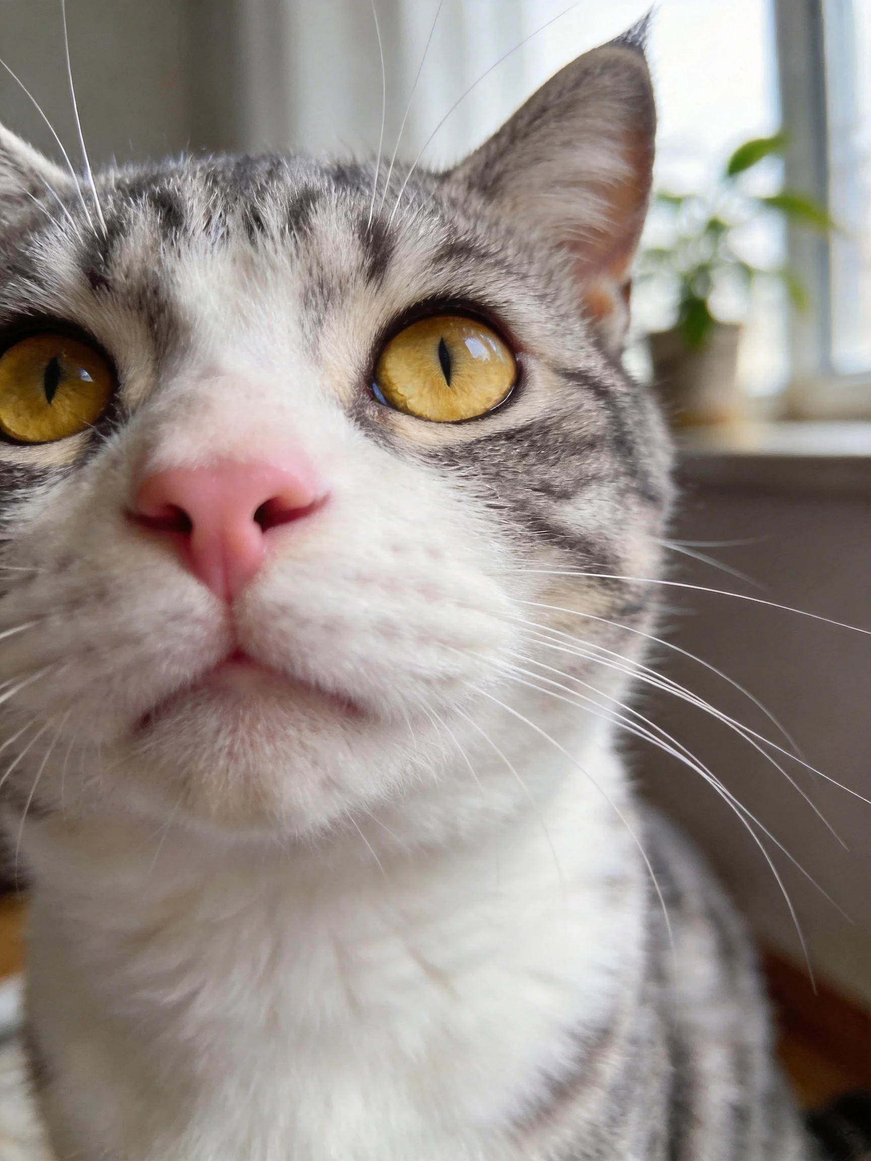 A gray and white tabby cat gazes upward with bright yellow eyes near a window.