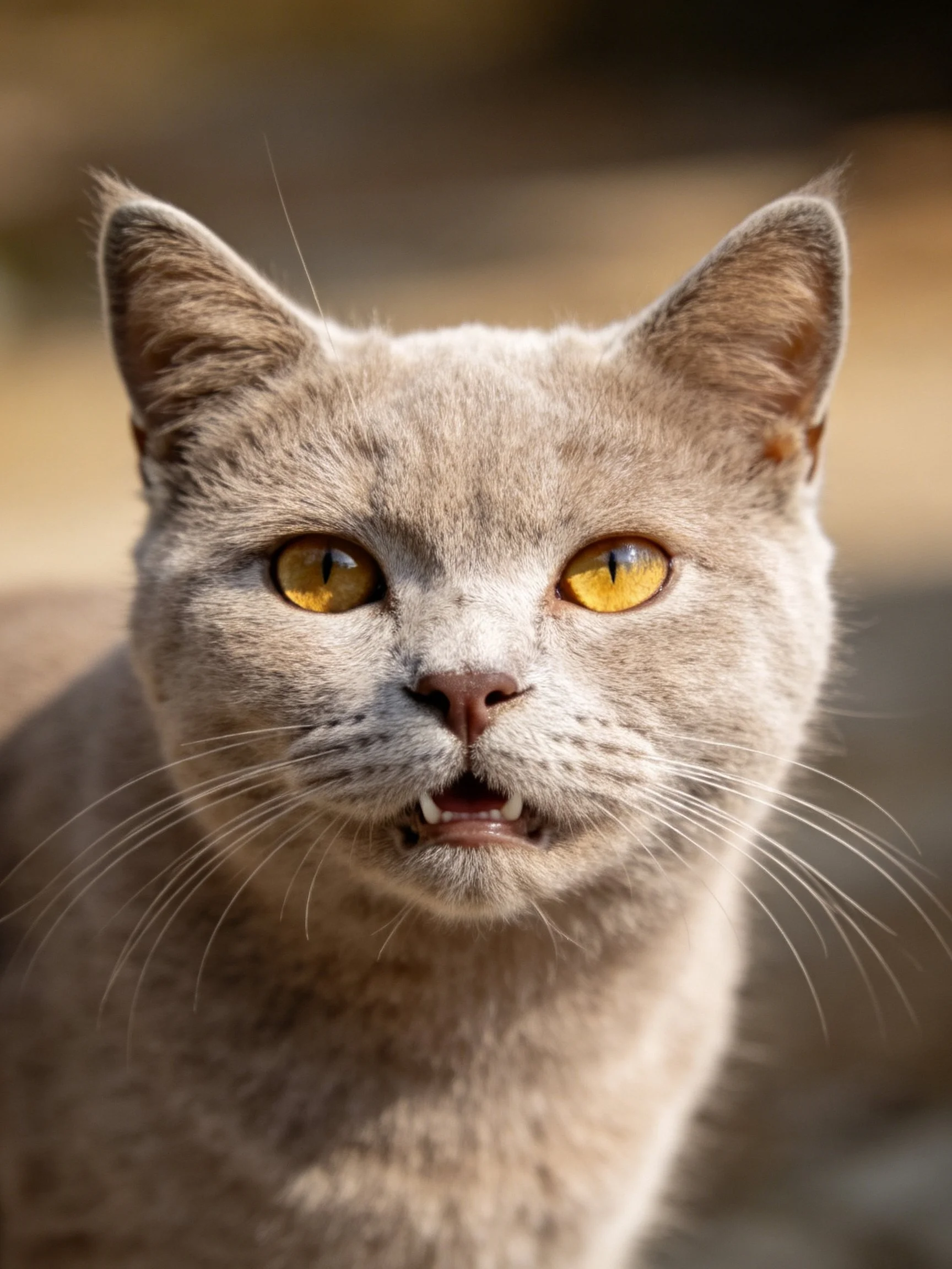 A gray cat with bright yellow eyes is photographed closely.