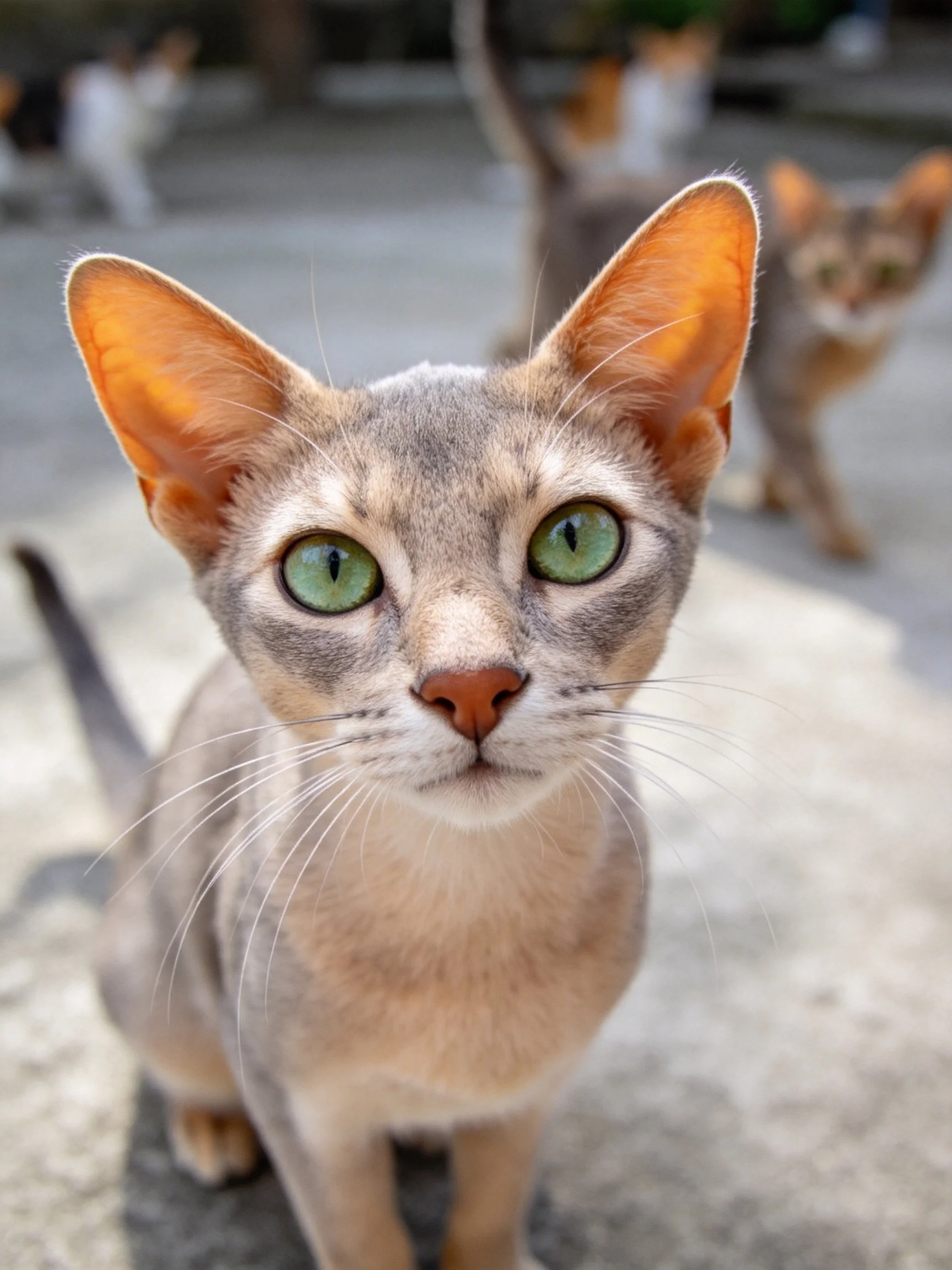 A gray cat with large green eyes is centered, with other cats blurred in the background.