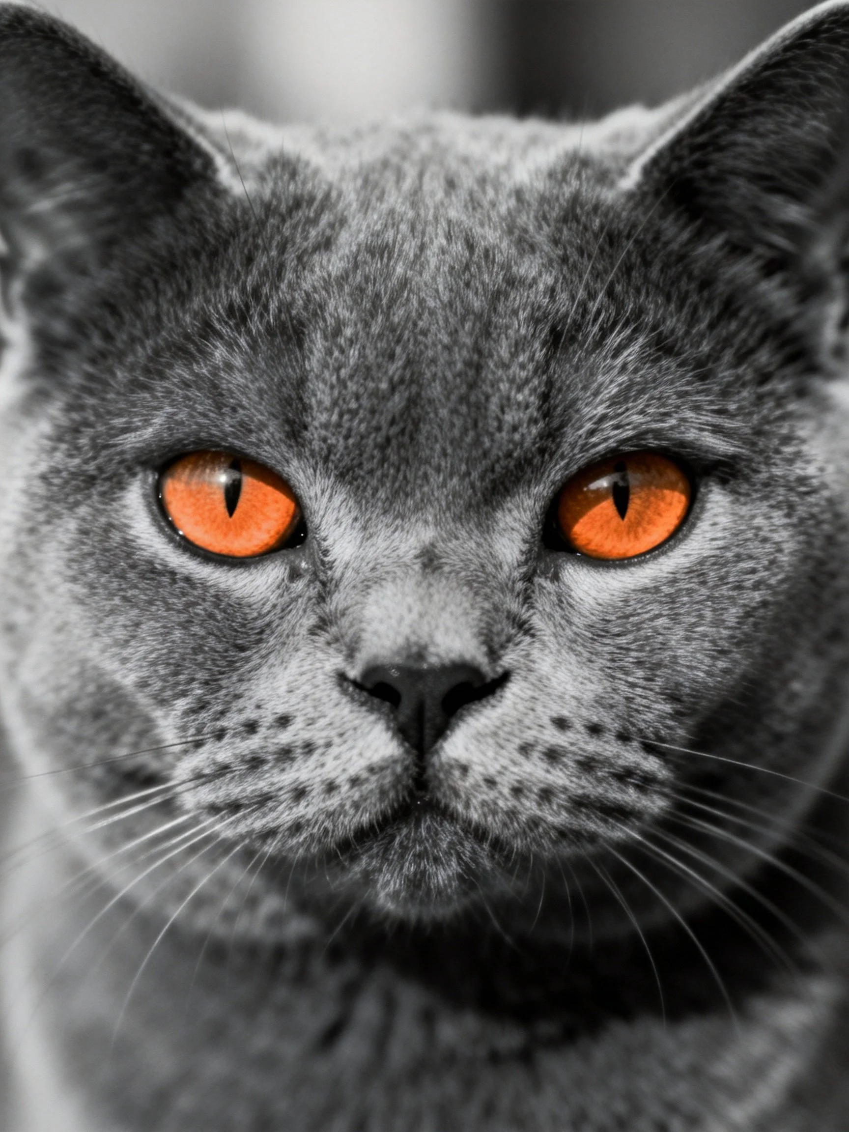 A gray cat with vivid orange eyes is shown in a close-up photograph.