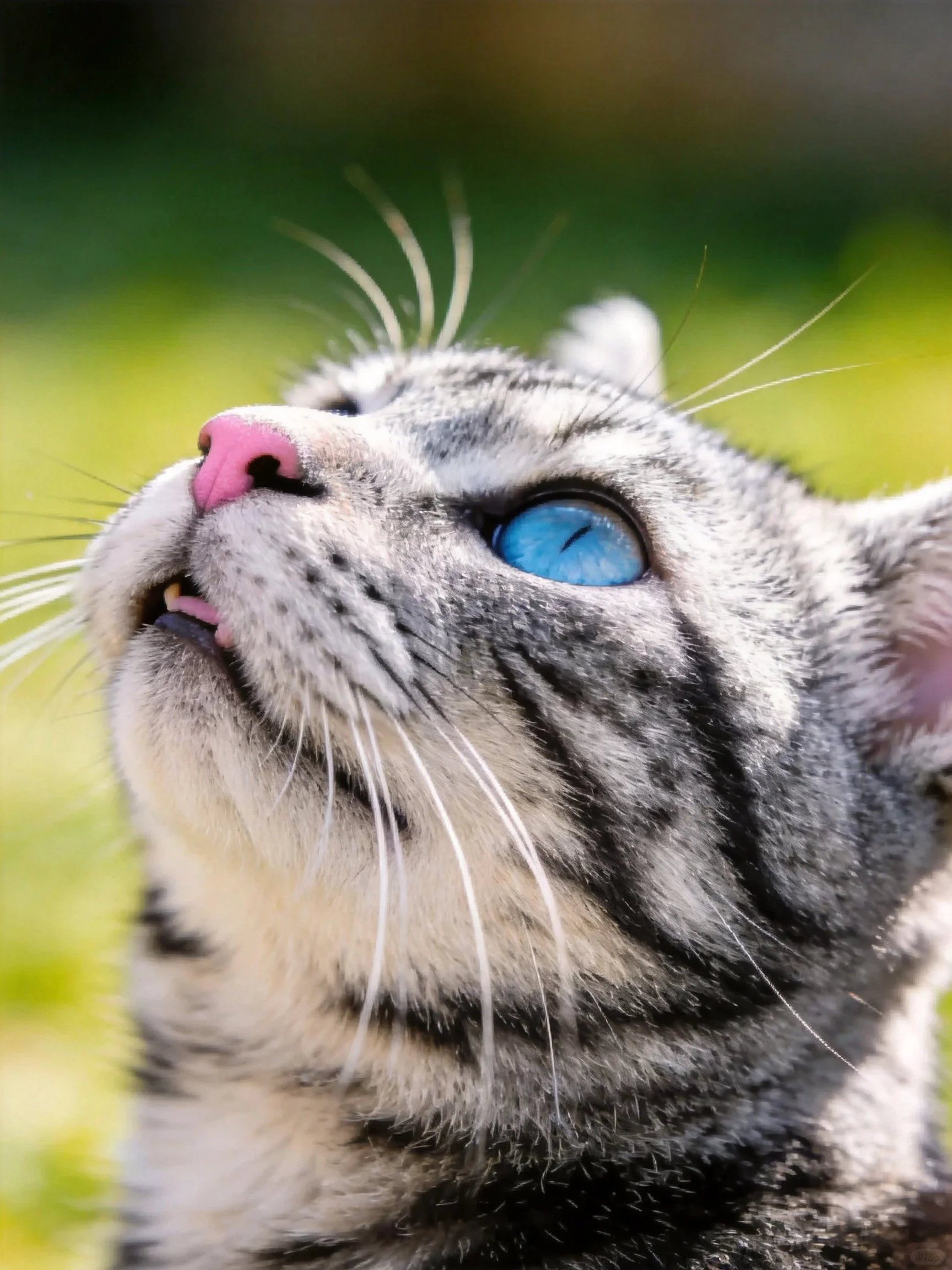 A gray tabby cat gazes upward with a bright blue eye.