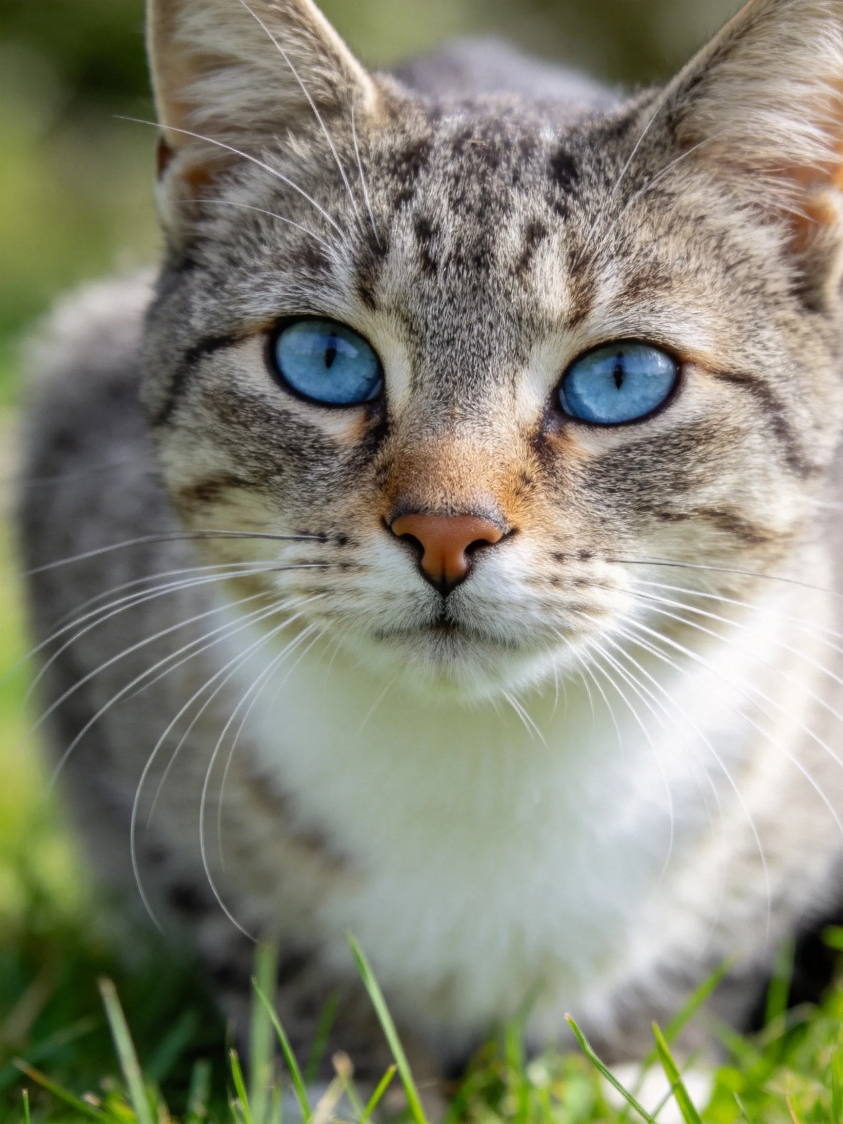 A gray tabby cat with striking blue eyes rests among green grass.