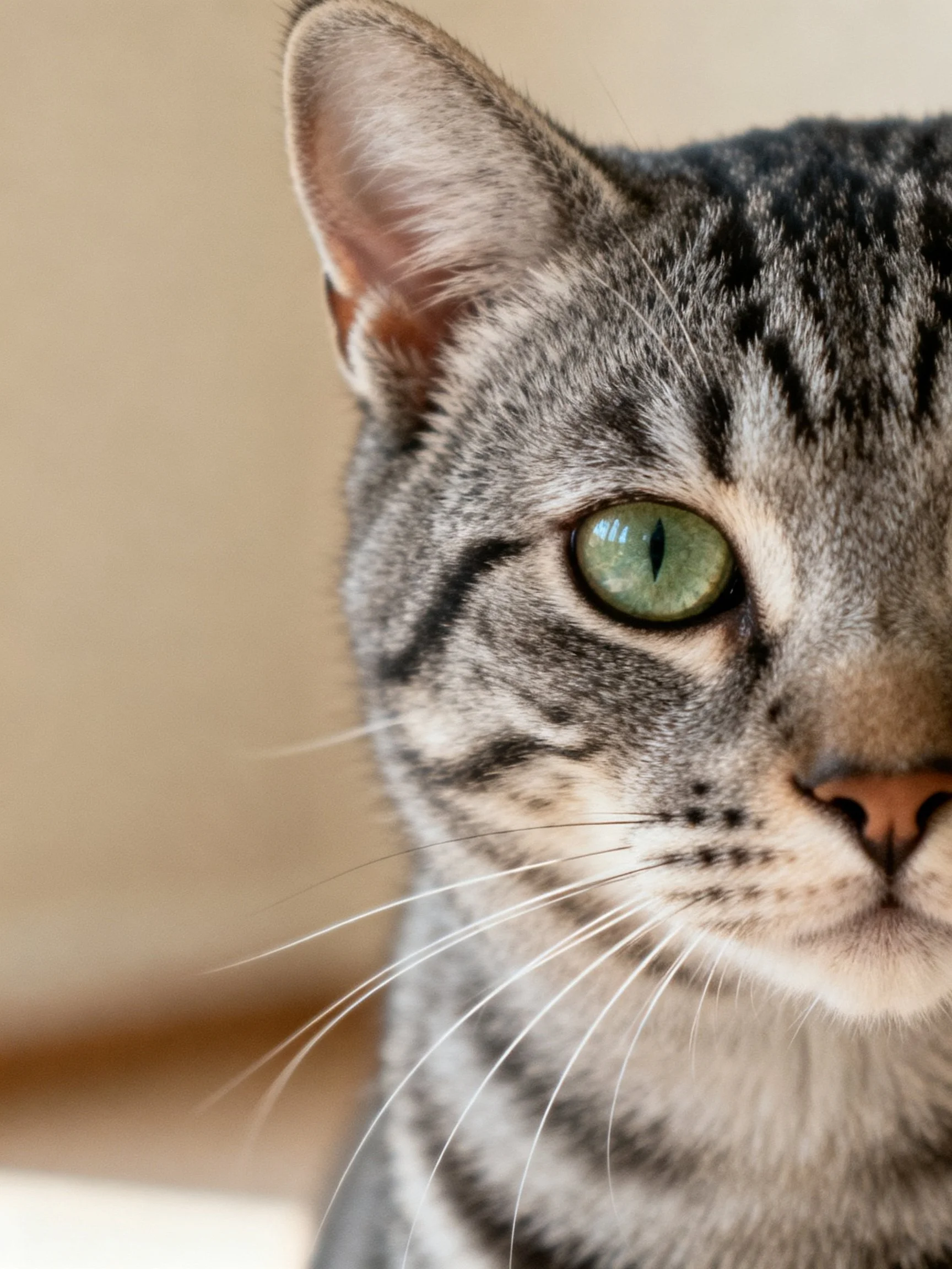 A close-up photograph of a gray tabby cat emphasizes its bright green eye.