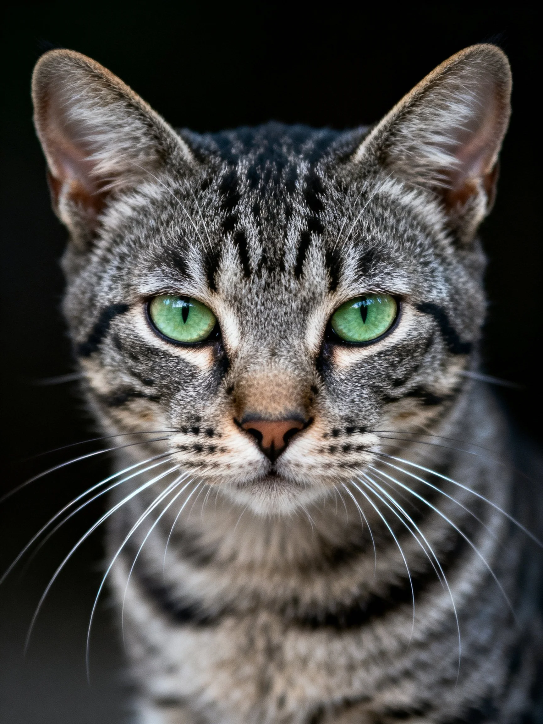 Close - up of a gray tabby cat with bright green eyes