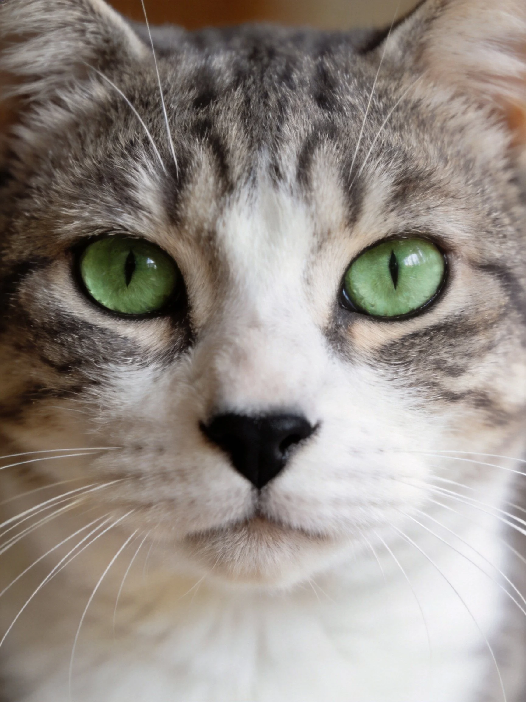 A gray tabby cat with bright green eyes is photographed in close-up.