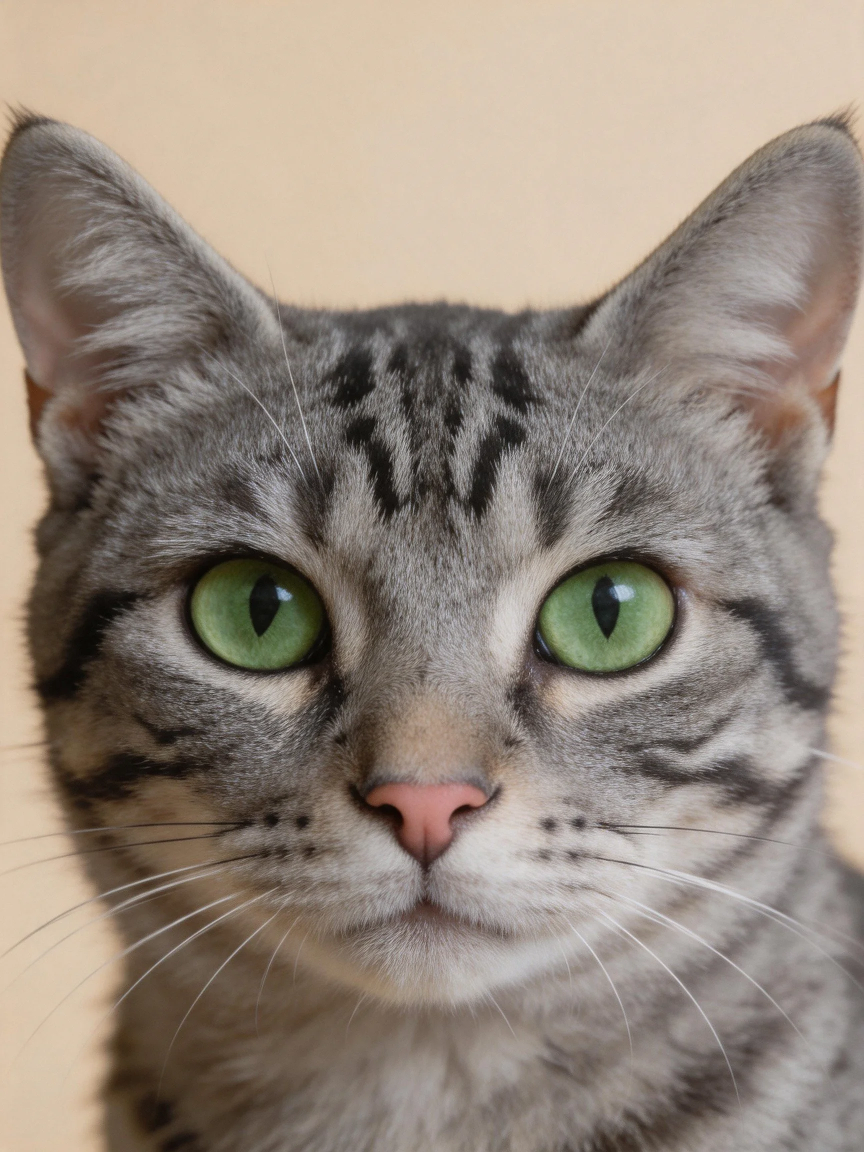A gray tabby cat with bright green eyes is photographed up close.