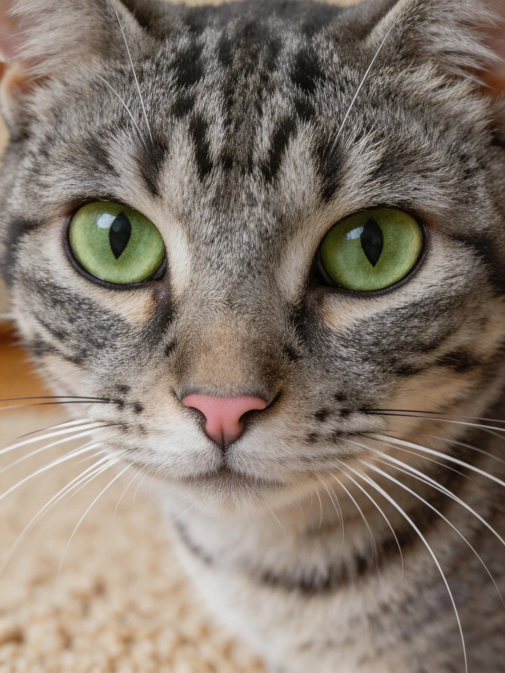 An up-close view of a gray tabby cat with bright green eyes.