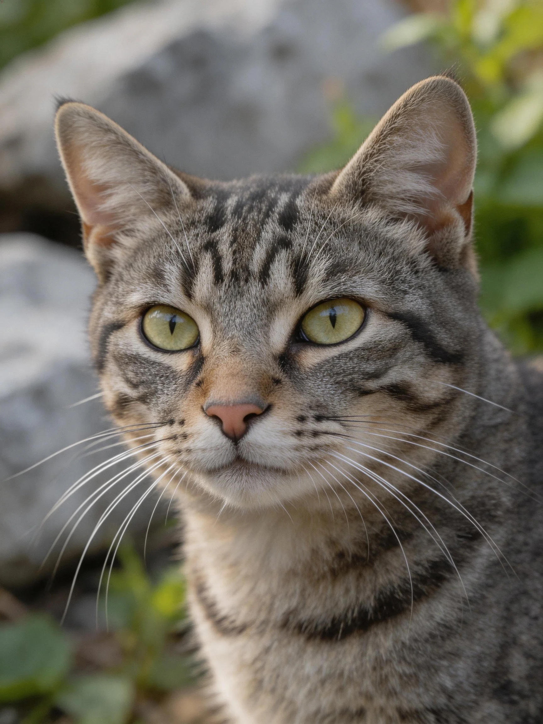 A gray tabby cat with green eyes is photographed outdoors near rocks and foliage.