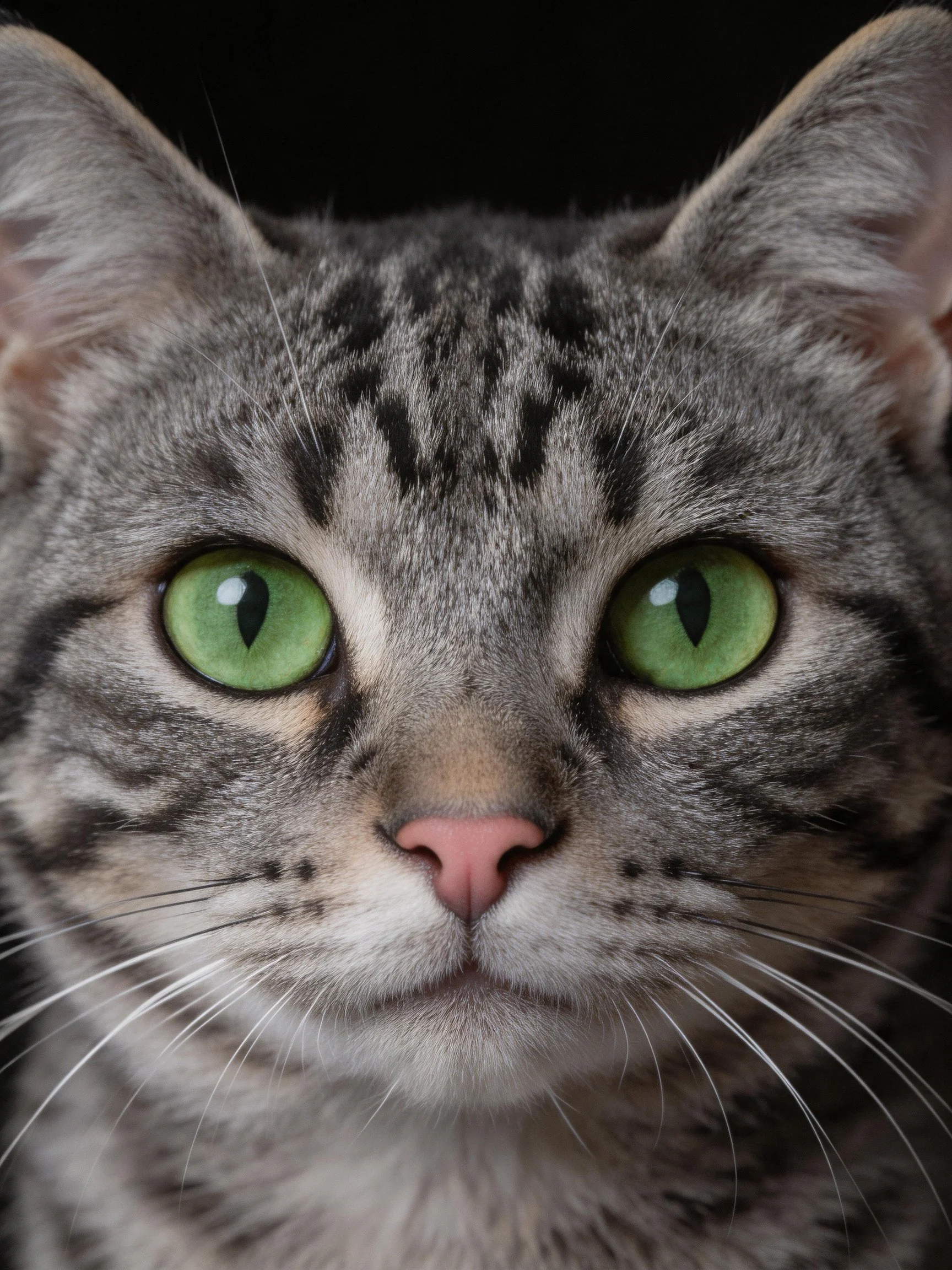 A close-up focuses on a gray tabby cat withstriking green eyes.