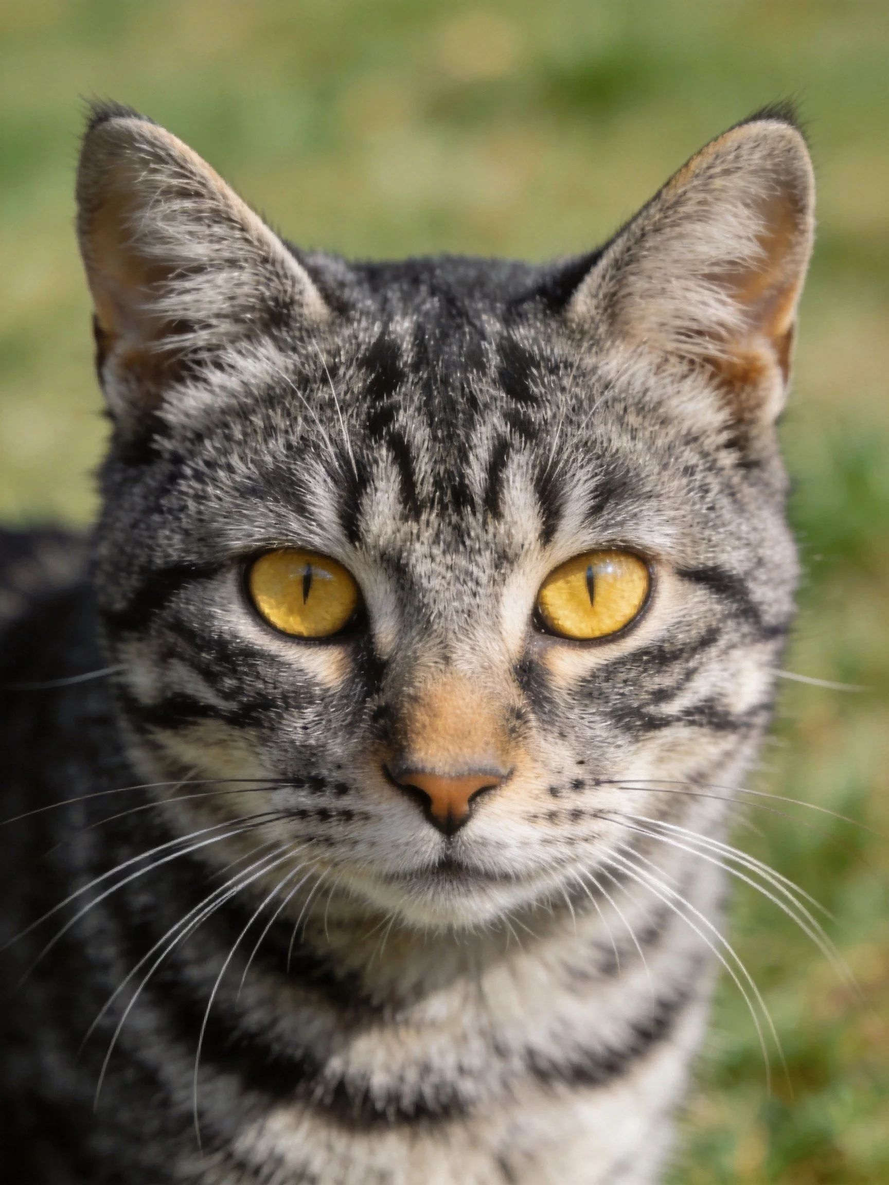 A gray tabby cat with striking yellow eyes is shown up close.