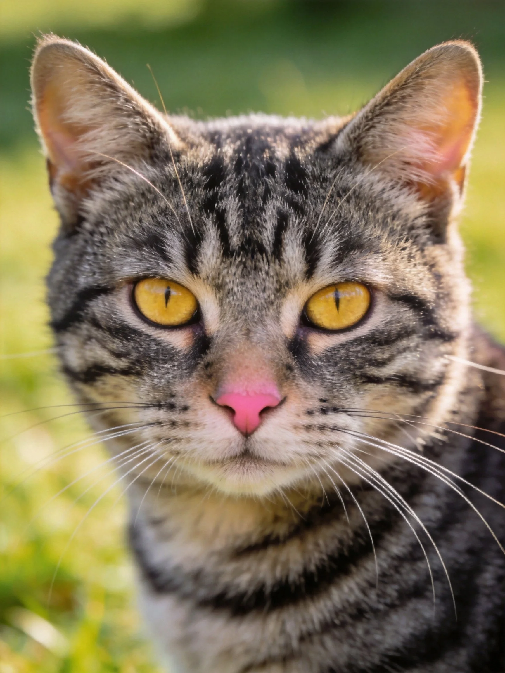A detailed close-up of a gray tabby cat with yellow eyes and pink nose in an outdoor setting.