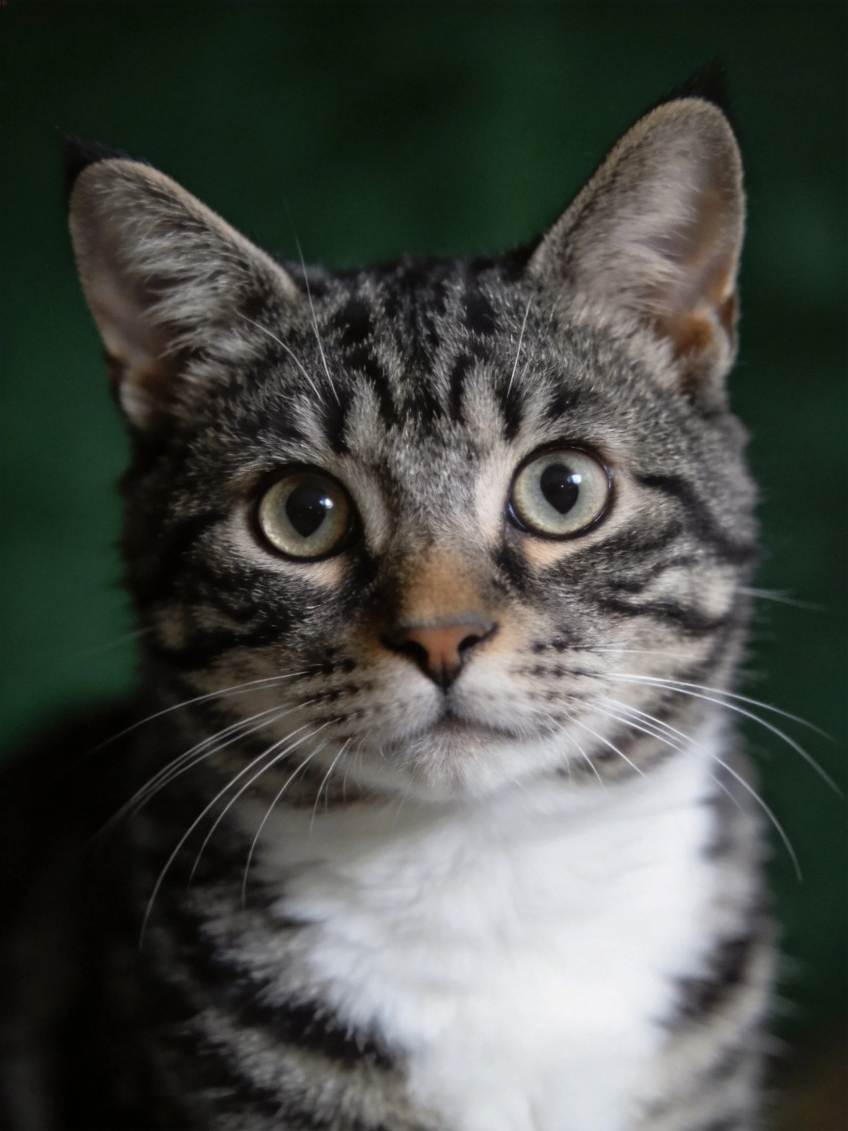 A gray tabby cat with green eyes and white chest is photographed up close against a dark green background.
