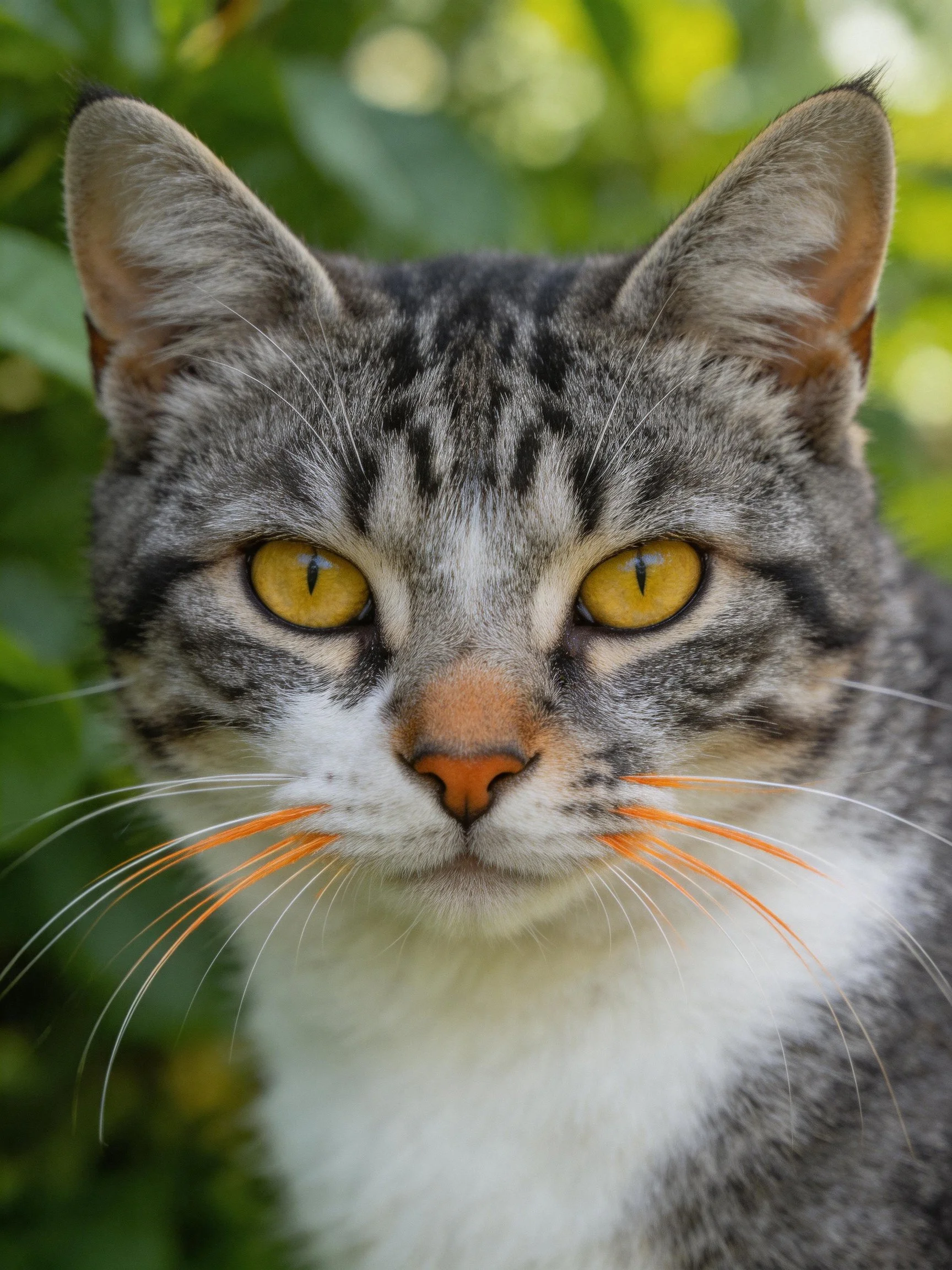 A gray tabby cat with yellow eyes is photographed closely.