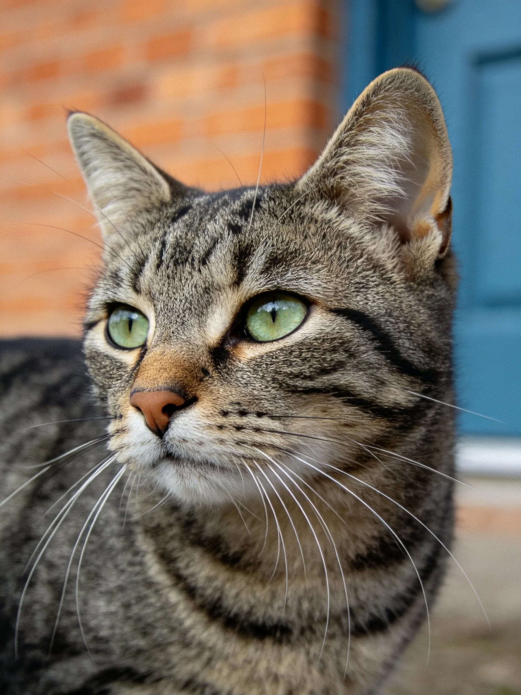 A gray tabby cat with vibrant green eyes is photographed up close.