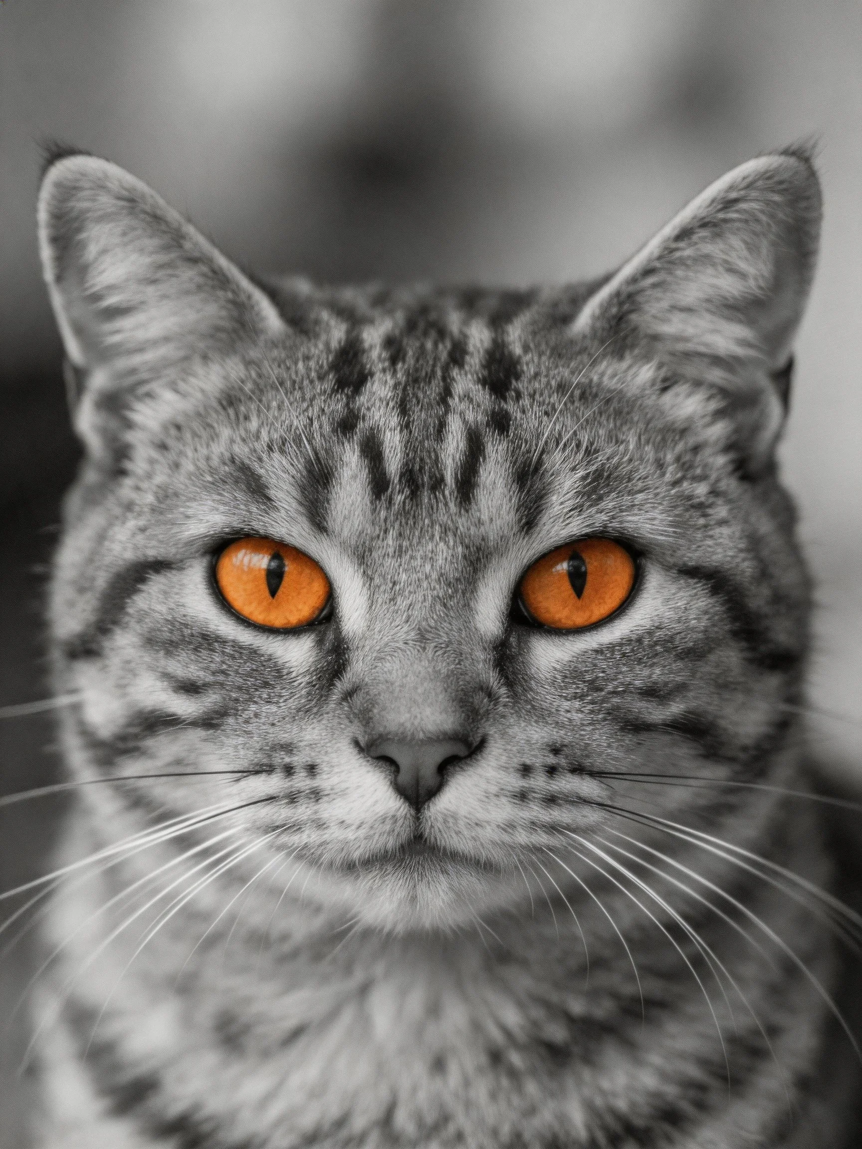 A gray tabby cat with vivid orange eyes is photographed closely.