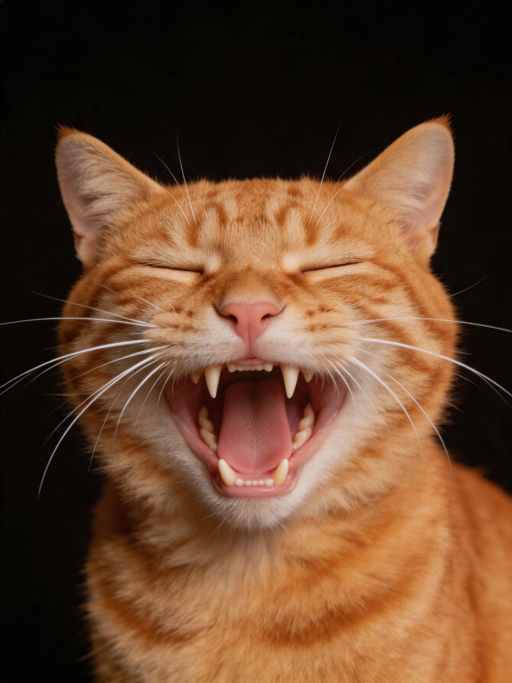 Close-up of a happy orange tabby cat yawning widely
