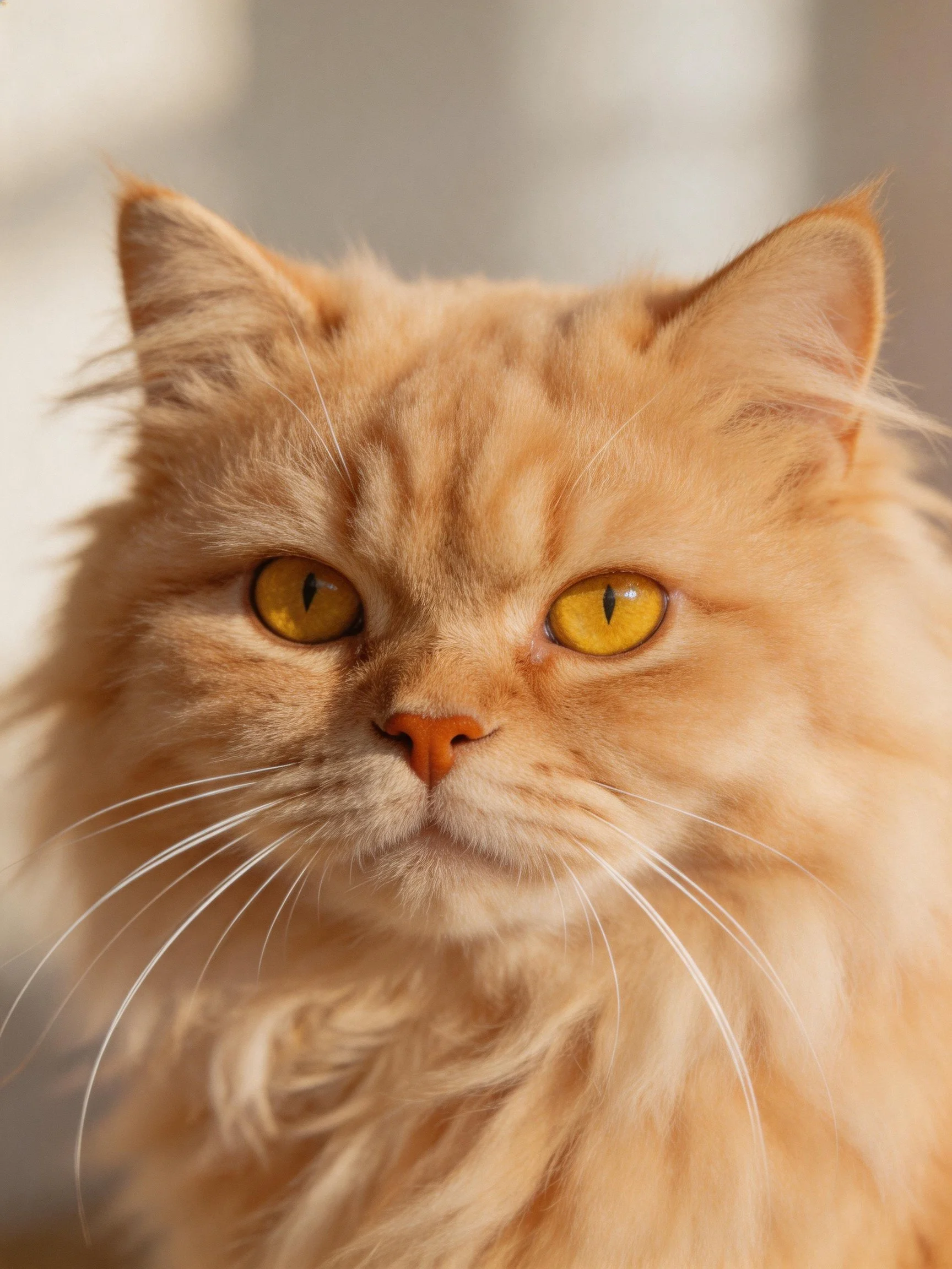 A close - up reveals a long - haired orange cat with striking yellow eyes.