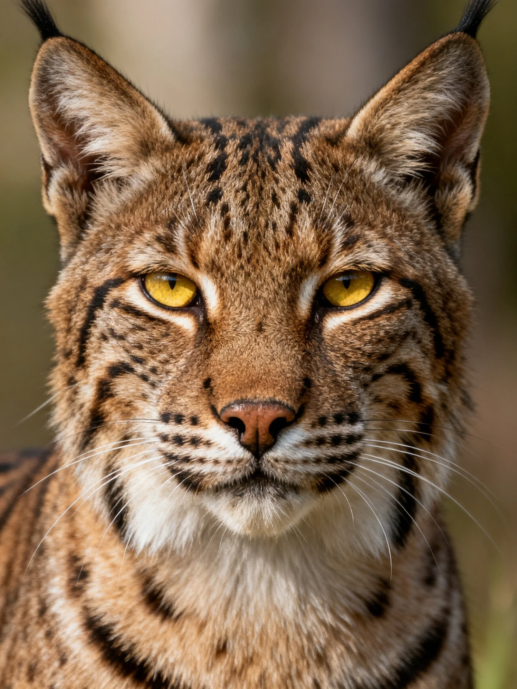 Close-up of a lynx with brown spotted fur and yellow eyes