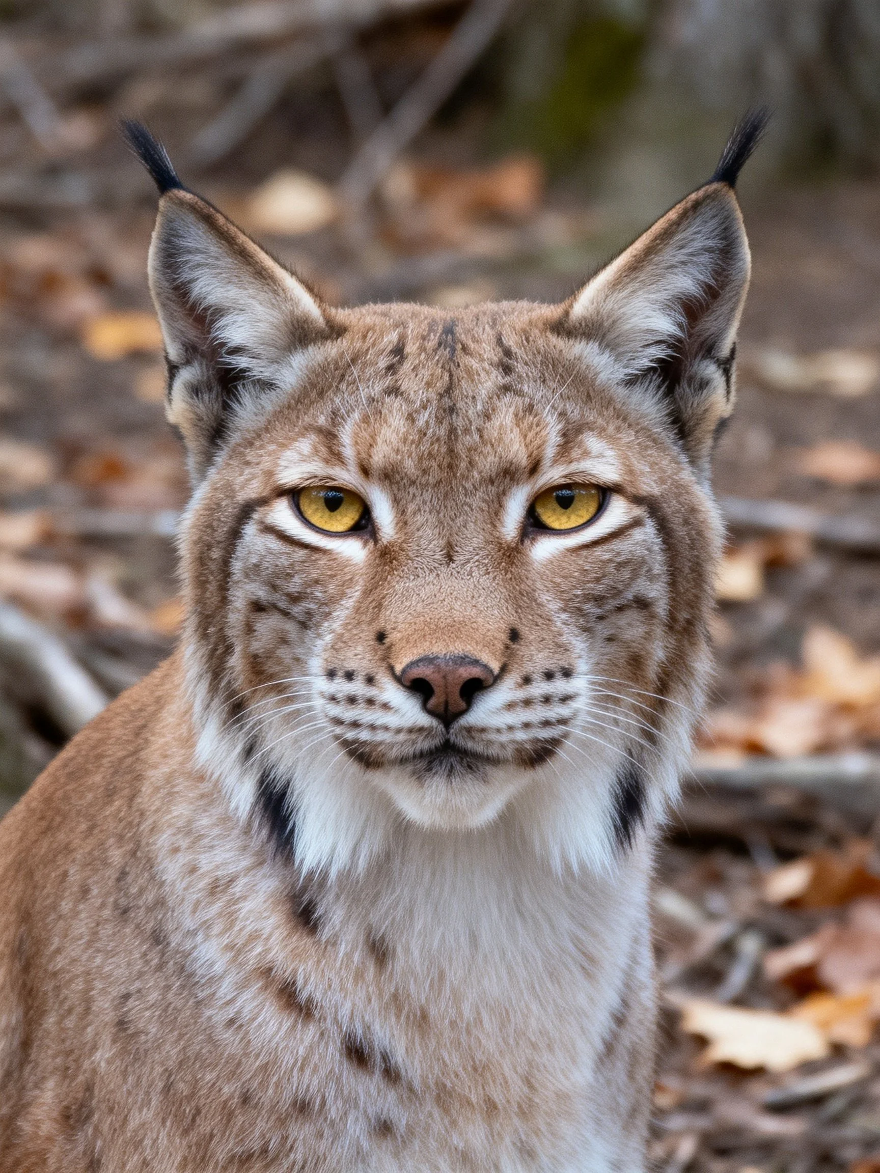 Close-up of a lynx with golden eyes and brown spotted fur