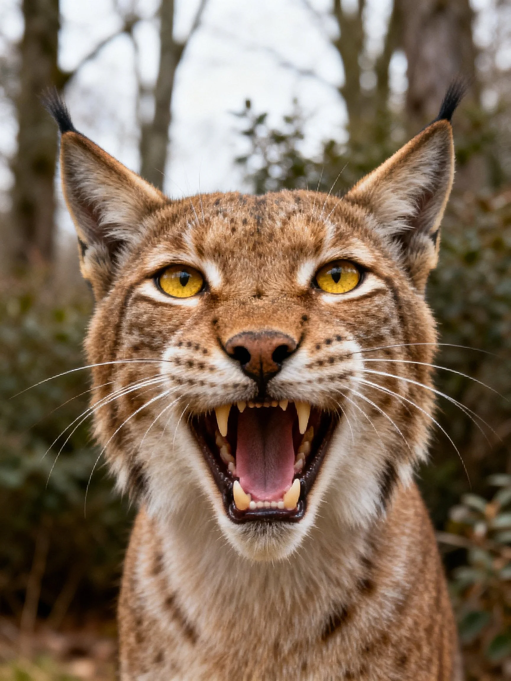 Close-up of a lynx with yellow eyes and spotted fur