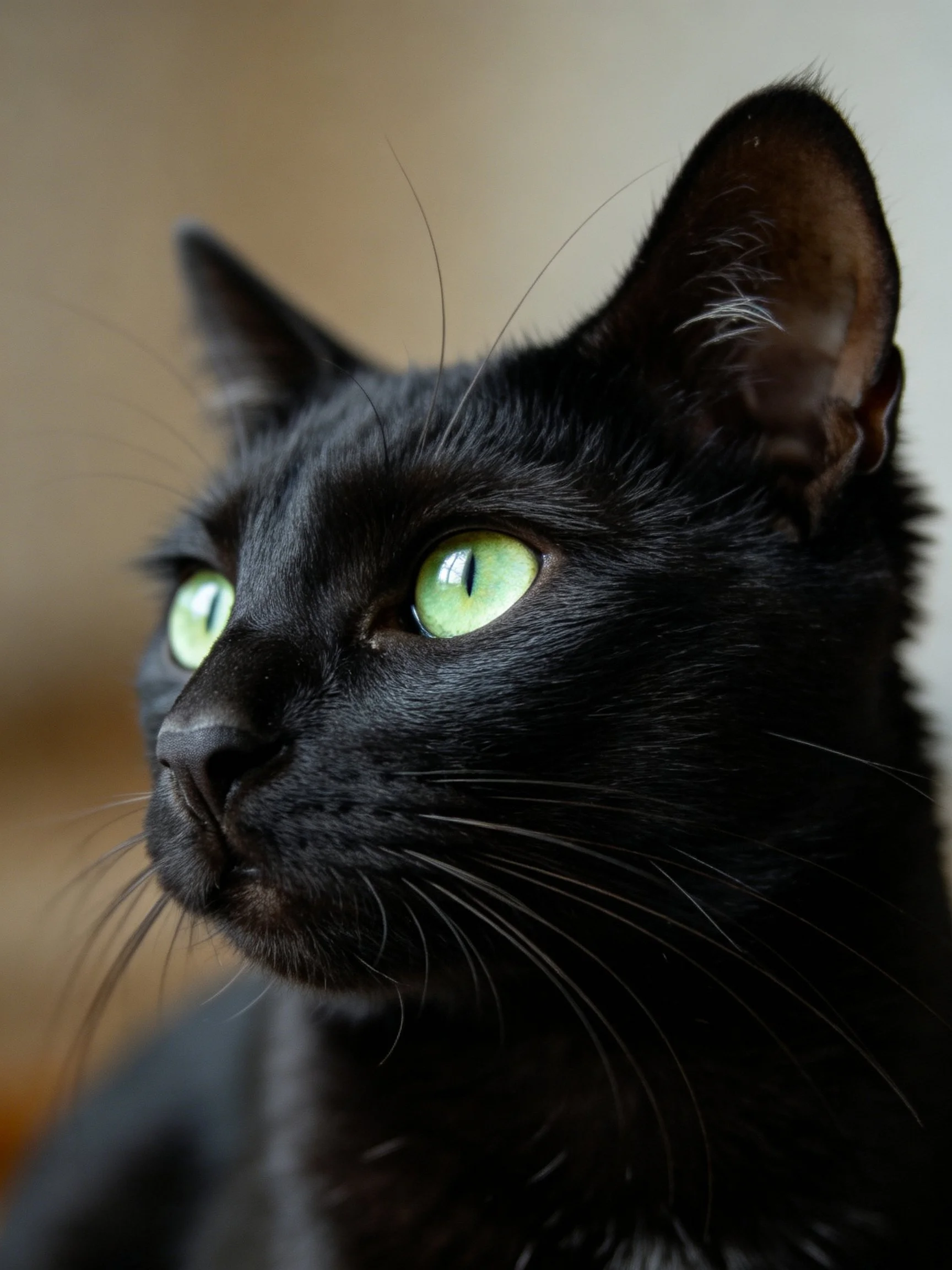 A black cat with bright green eyes is depicted in a close-up photograph.