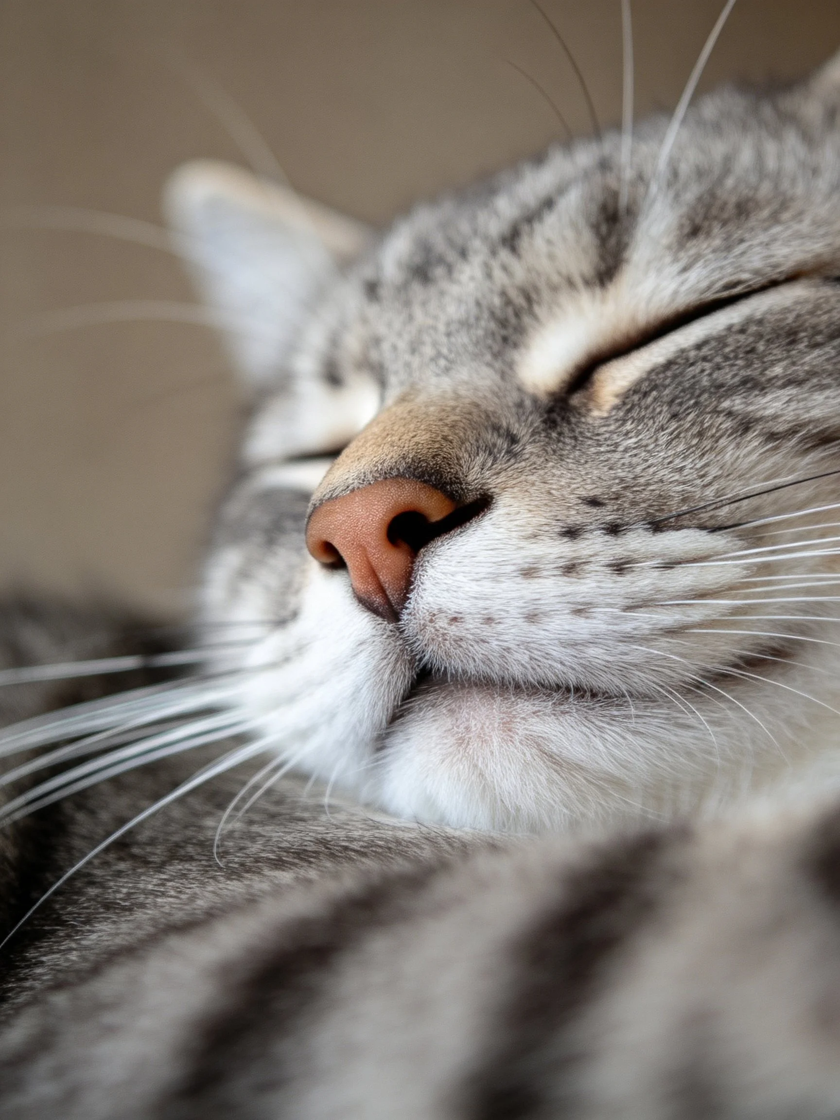 Close-up of a sleeping tabby cat with striped gray and white fur