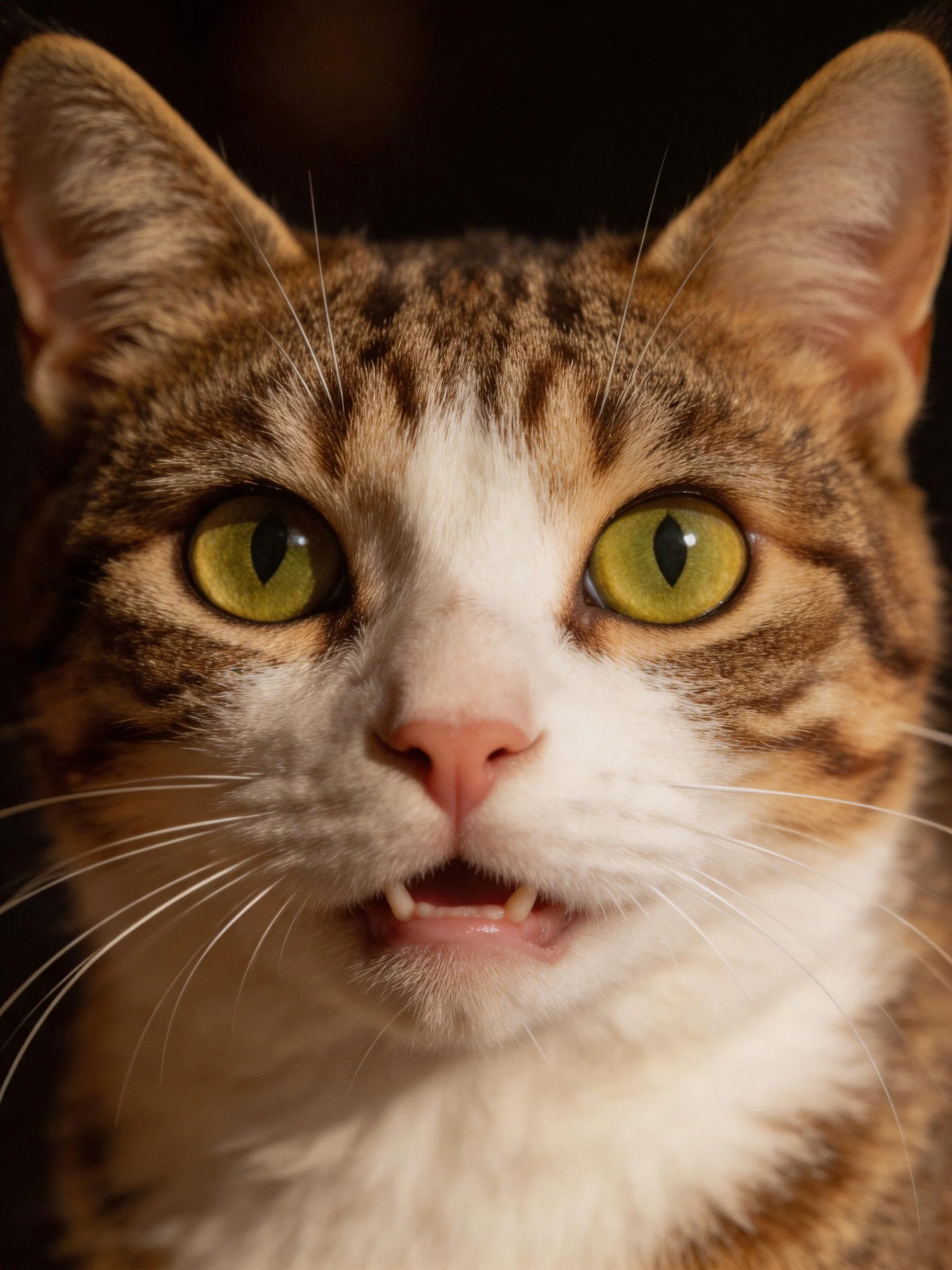 A close-up shows a tabby and white cat with striking yellow-green eyes.
