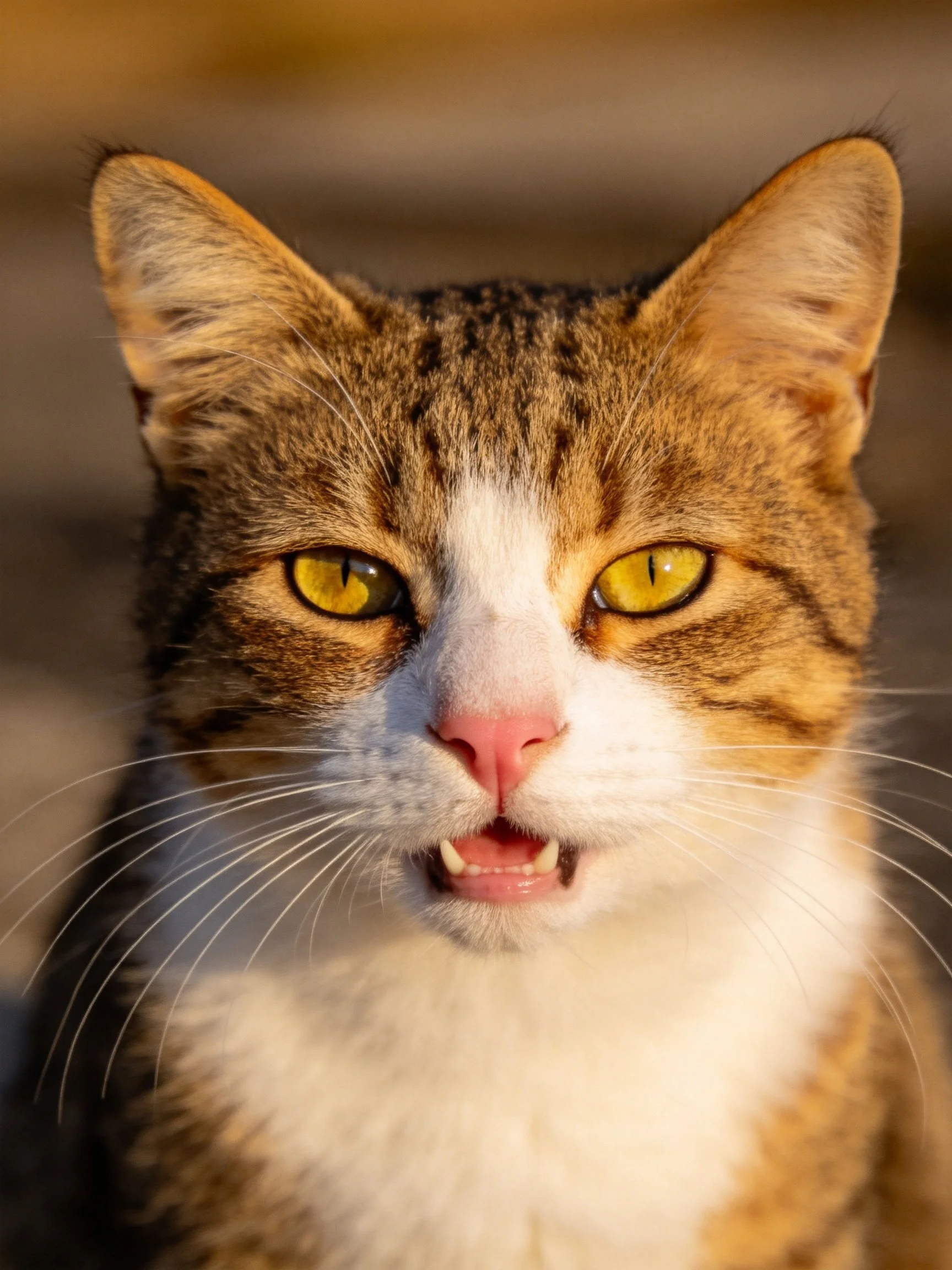 Tabby and white cat with yellow eyes photographed closely.