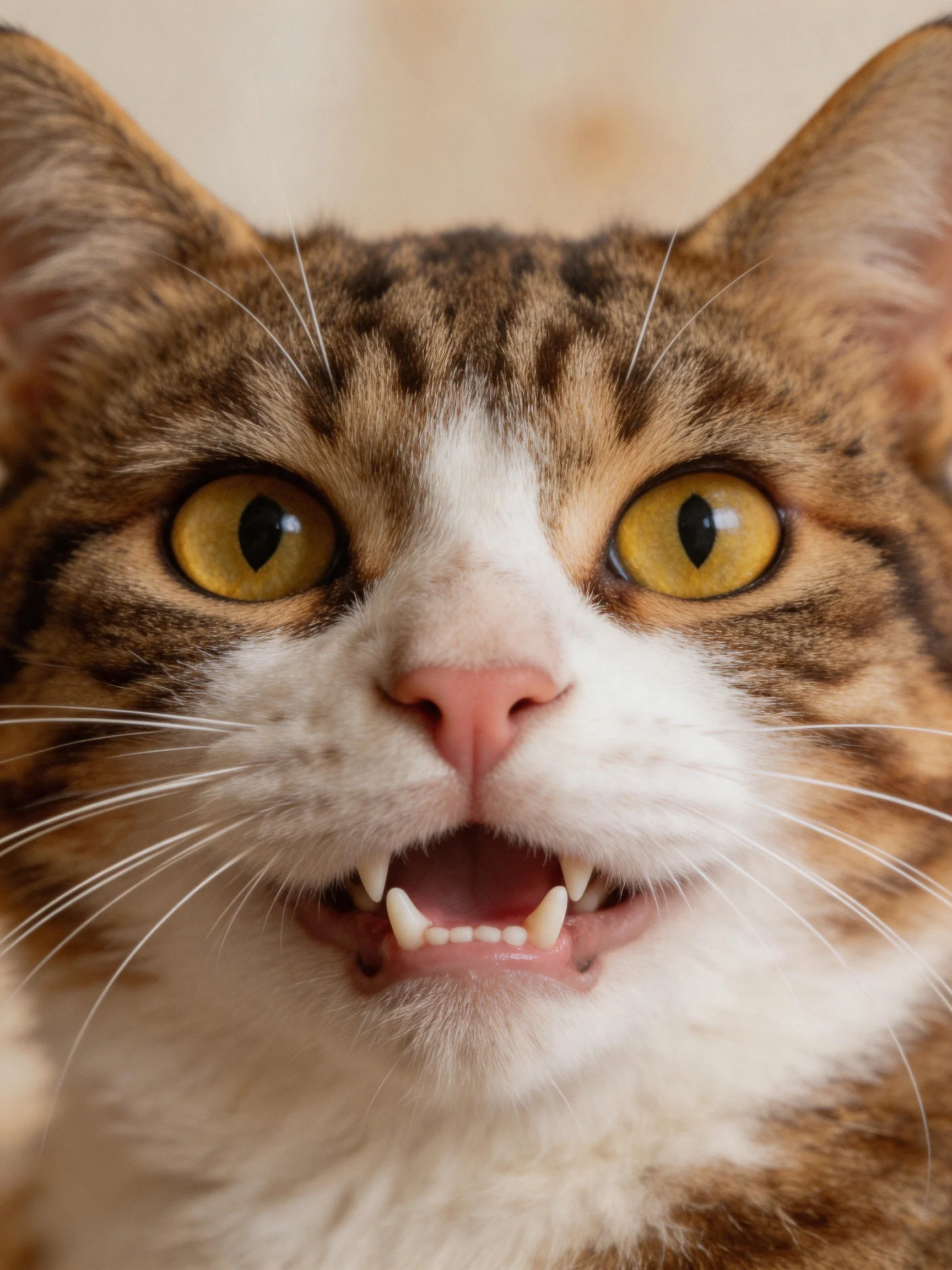 A cat’s face in close - up shows open mouth and yellow eyes.