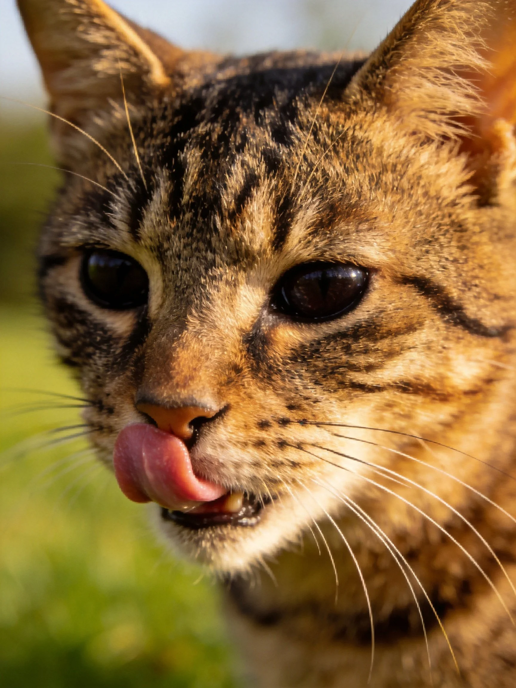 Close-up of a tabby cat licking its nose with detailed fur patterns