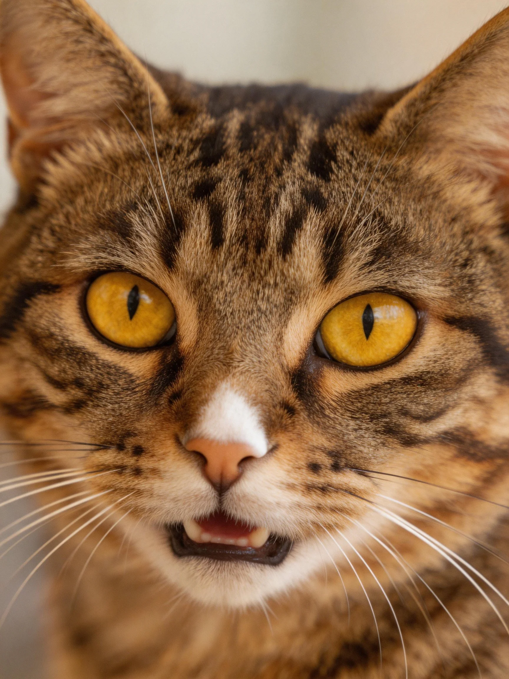 Close-up of a tabby cat with amber eyes and striped fur