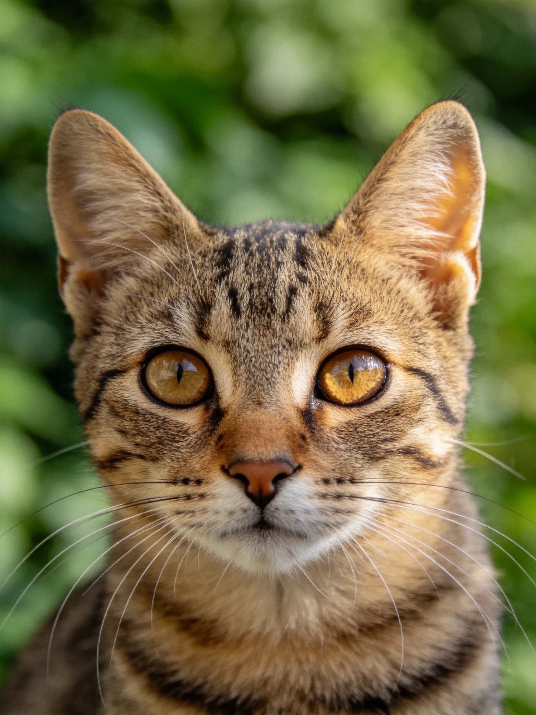 Close-up of a tabby cat with amber eyes and striped fur
