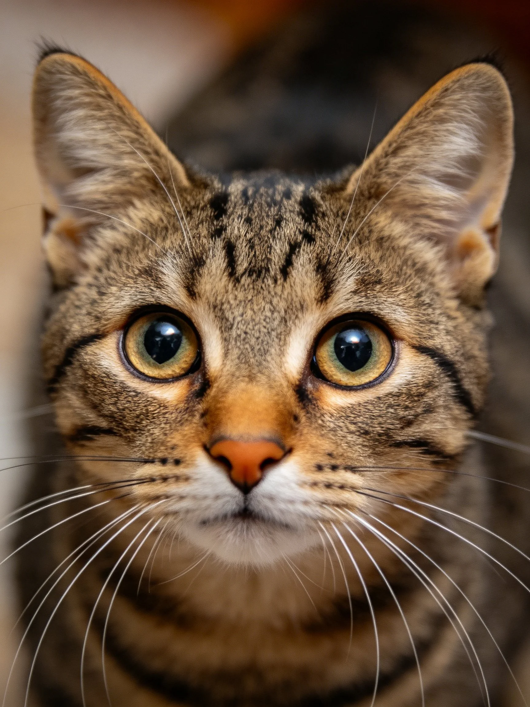 A close-up of a tabby cat showcasing its amber eyes and striped fur.