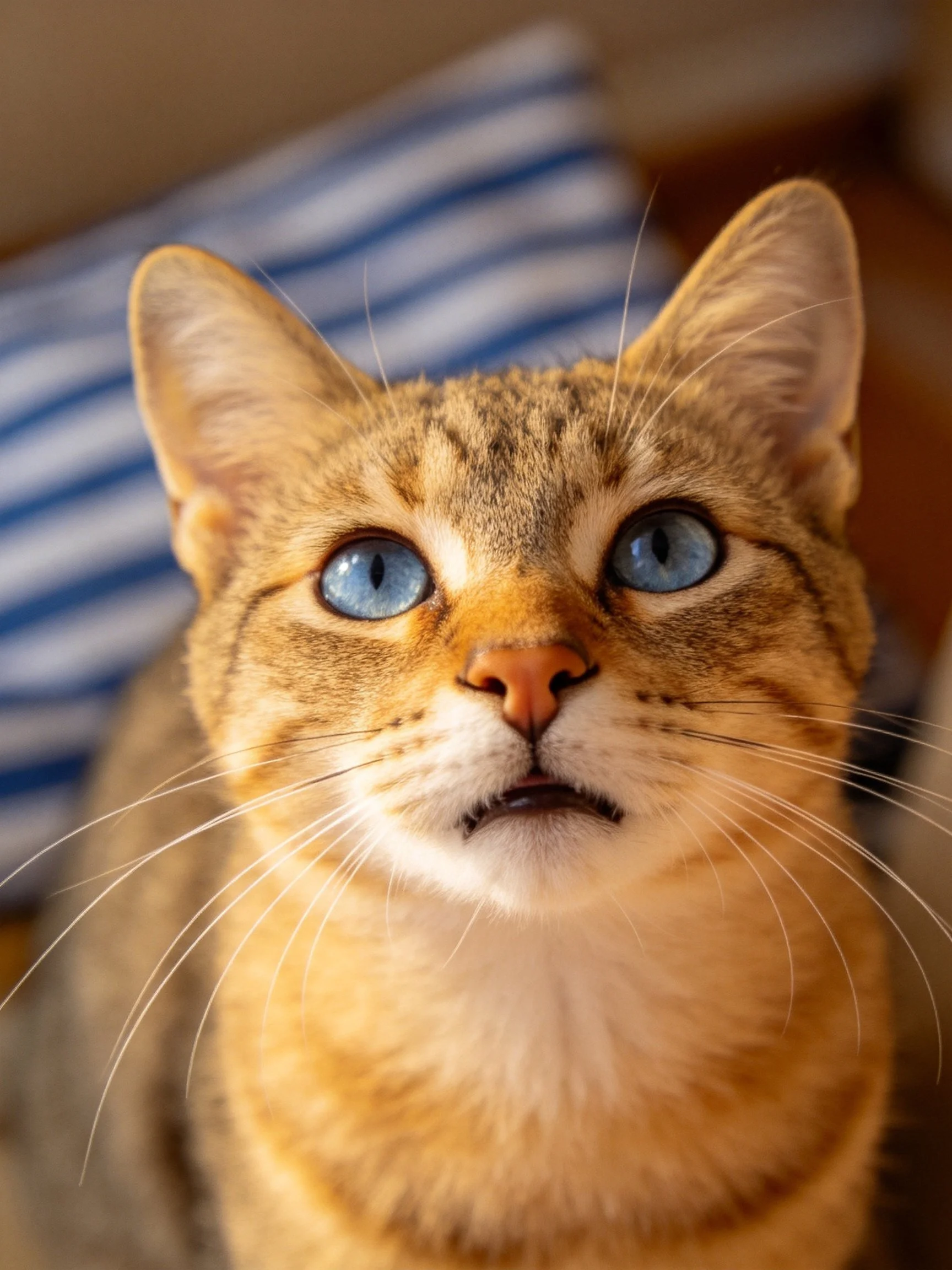 A tabby cat with bright blue eyes is photographed up close.