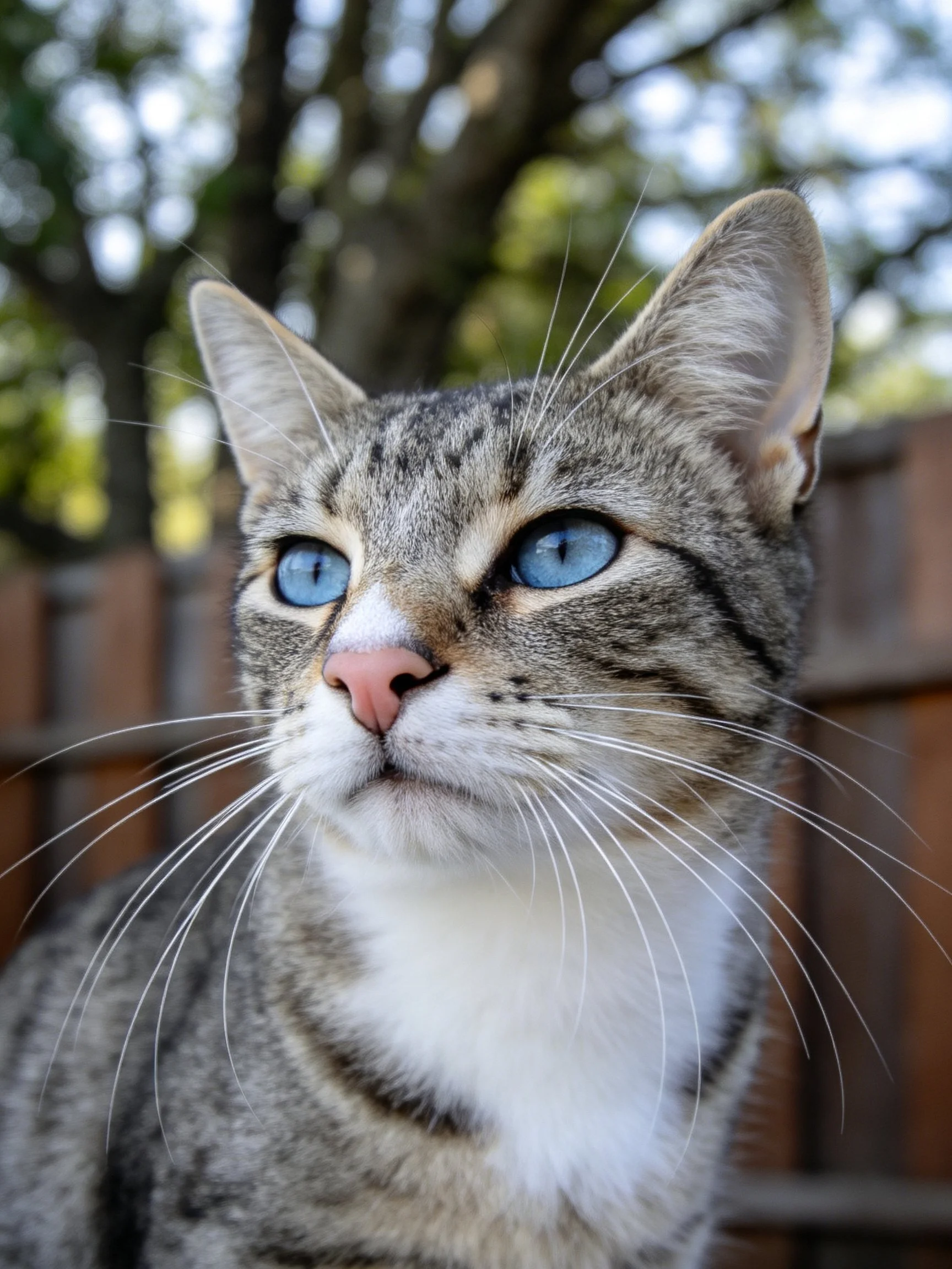 A tabby cat with blue eyes is photographed up close near a wooden fence.