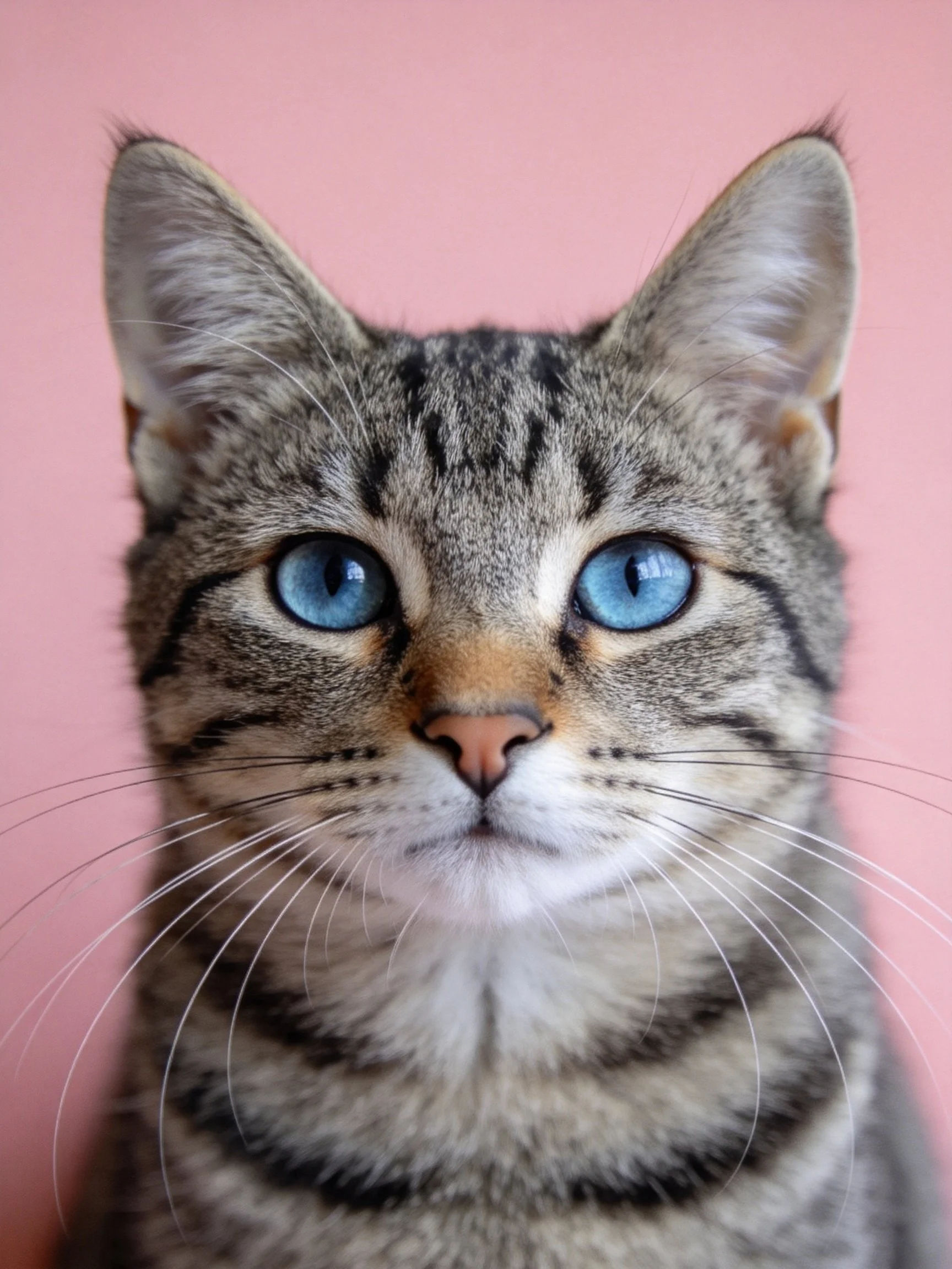 Tabby cat with bright blue eyes photographed up close against pink background