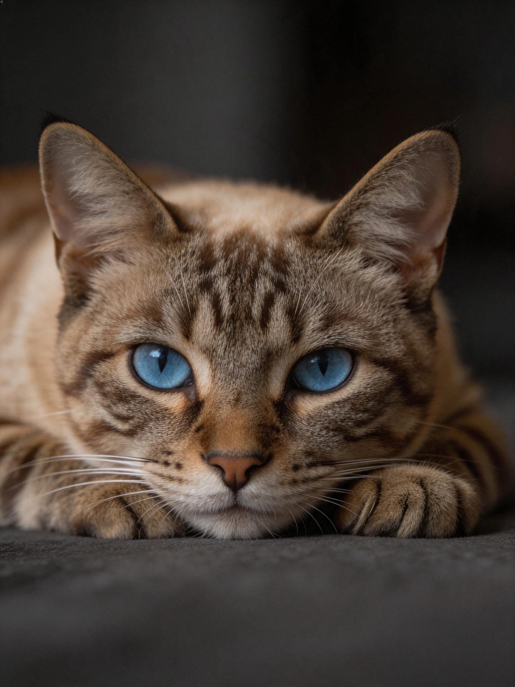 A tabby cat with bright blue eyes rests near a dark surface.
