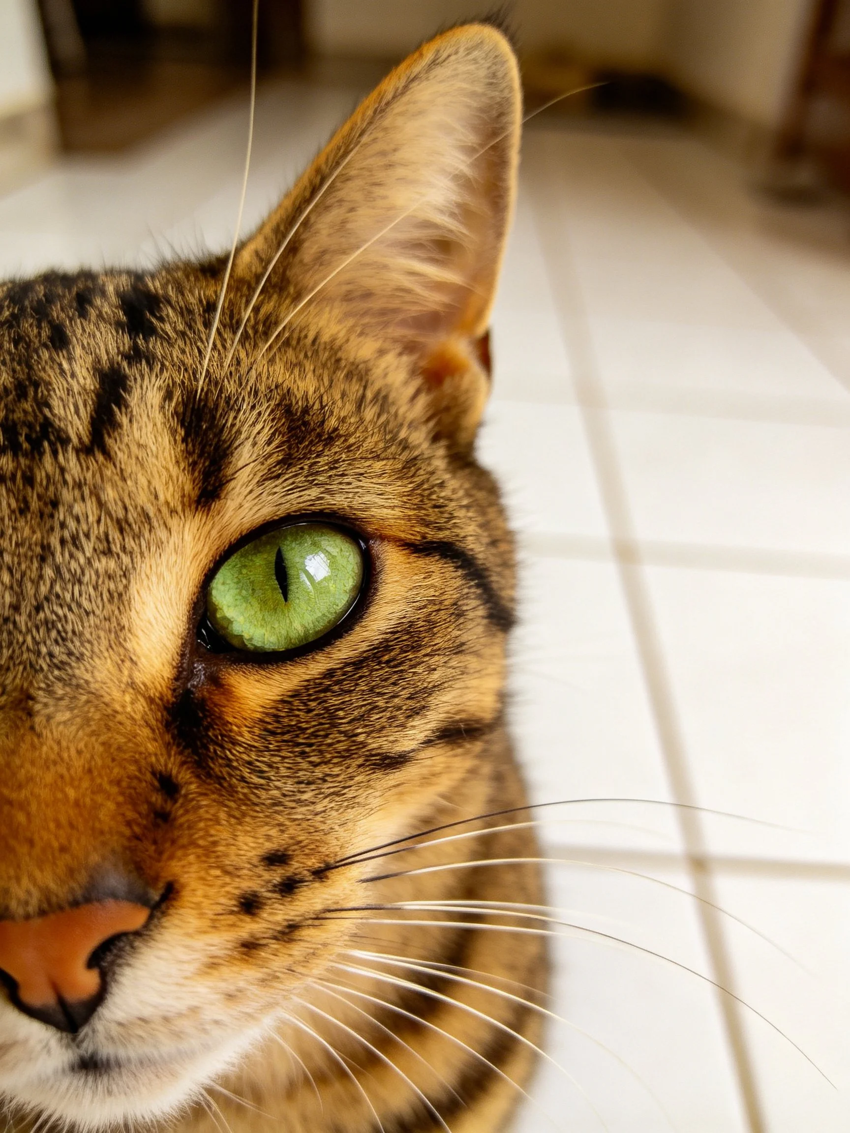 A close - up shows a tabby cat with a bright green eye.