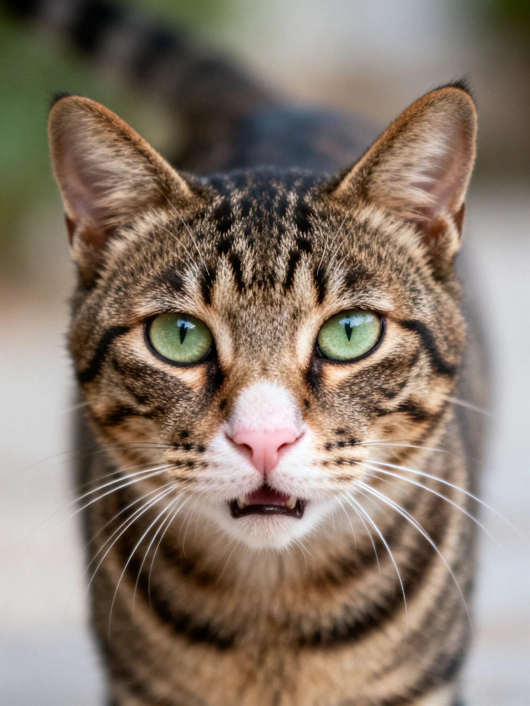 A tabby cat with bright green eyes is shown in a close-up photograph.