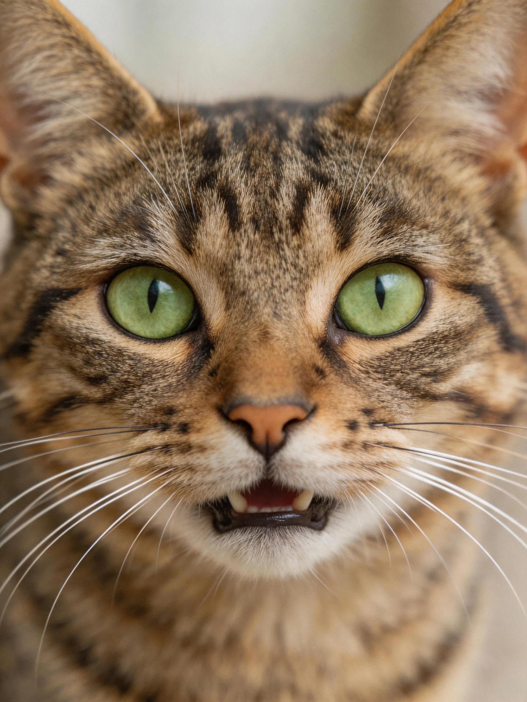 A close-up shows a tabby cat with striking green eyes.