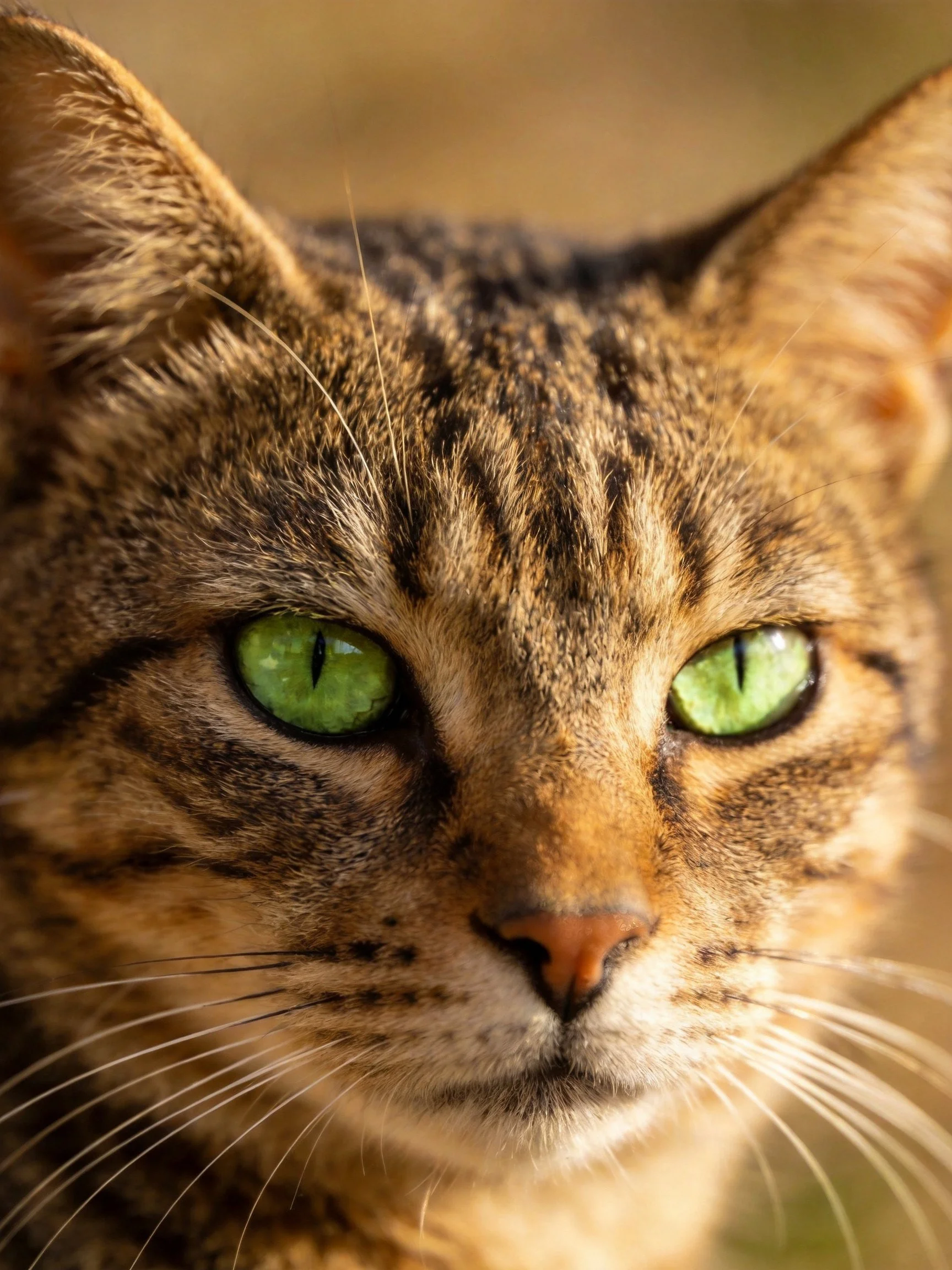 A close - up of a tabby cat with bright green eyes highlights its facial features.