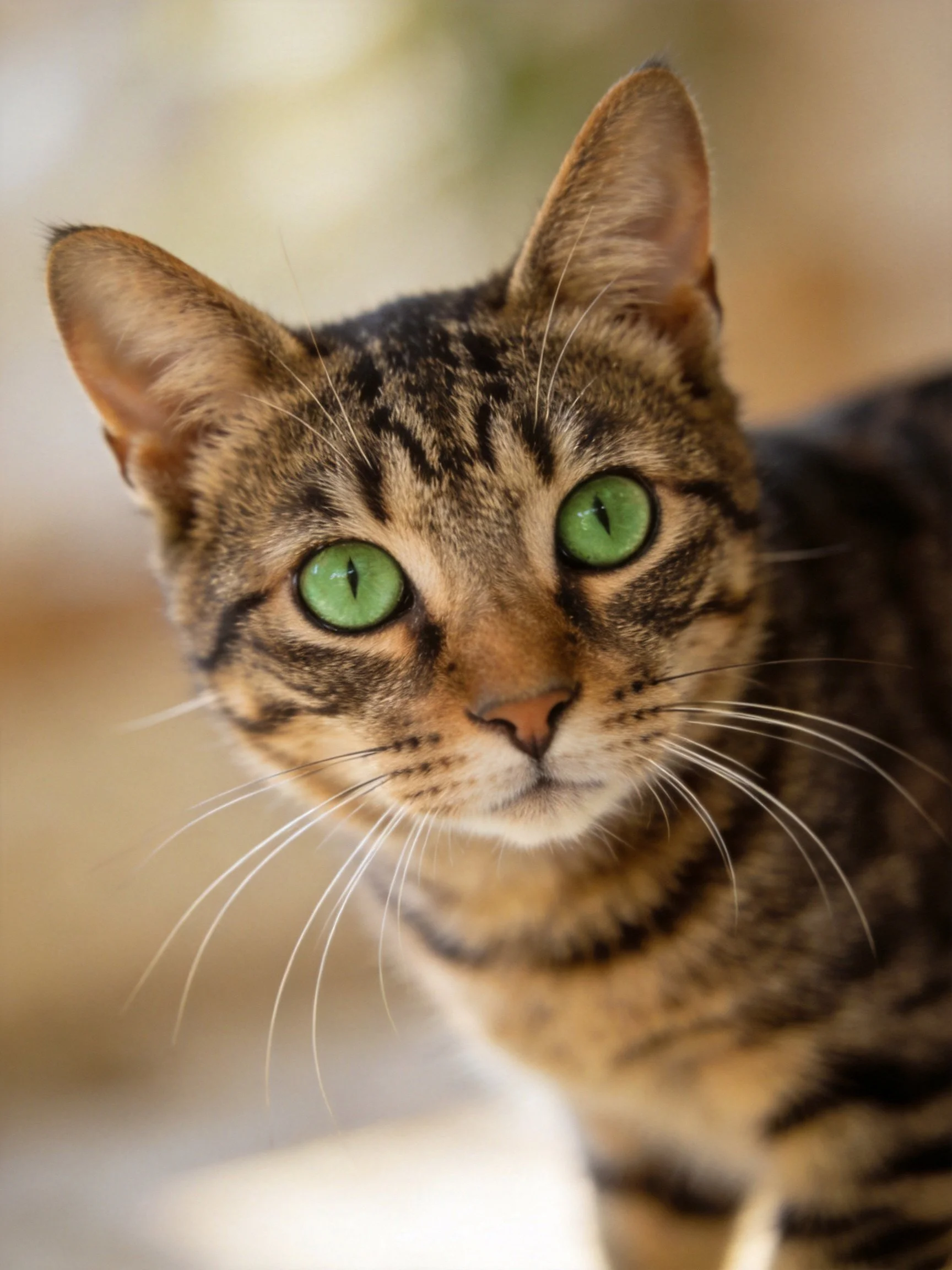 A close - up shows a tabby cat with striking green eyes.