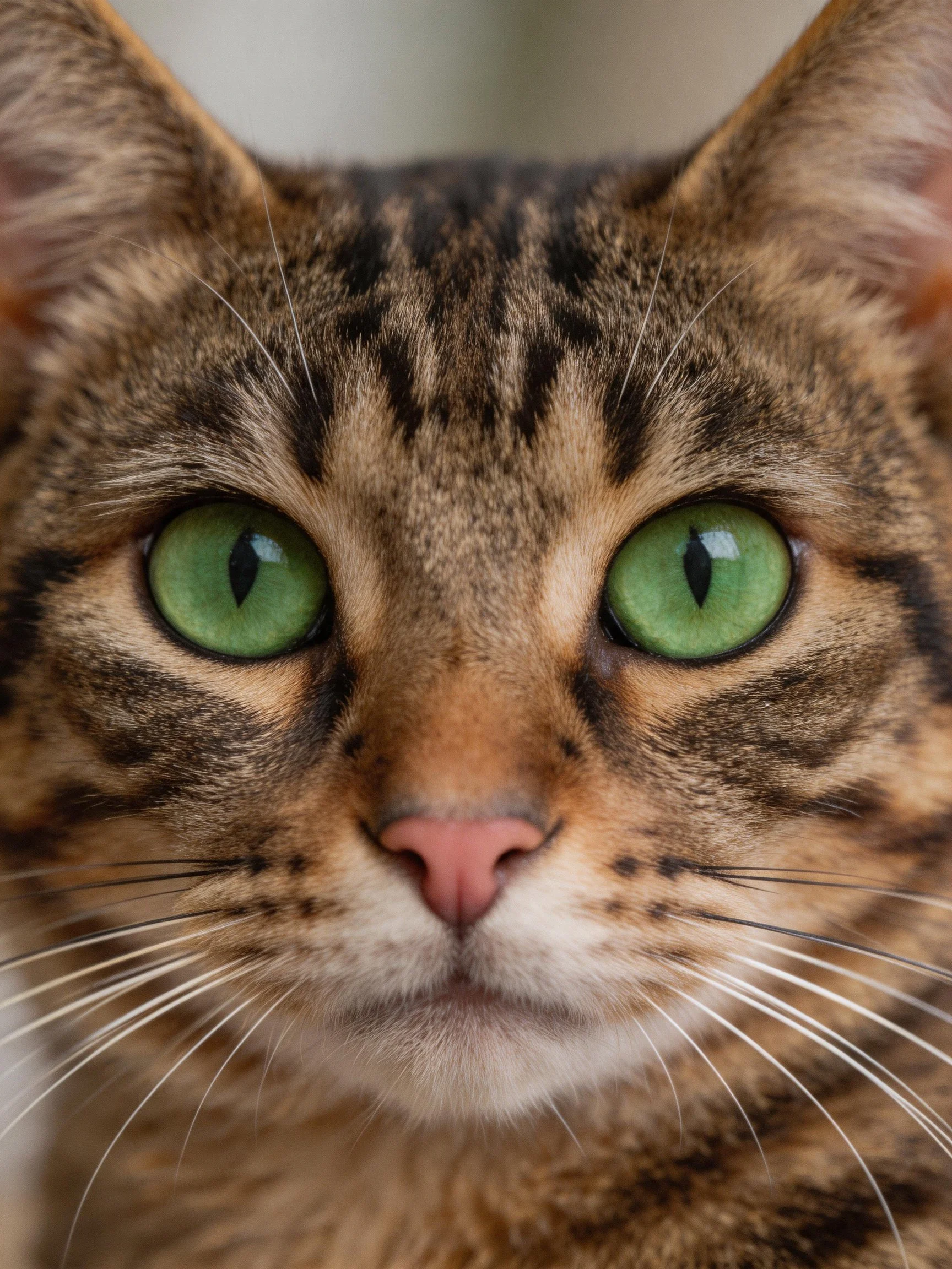 A close-up displays a tabby cat’s face with striking green eyes.