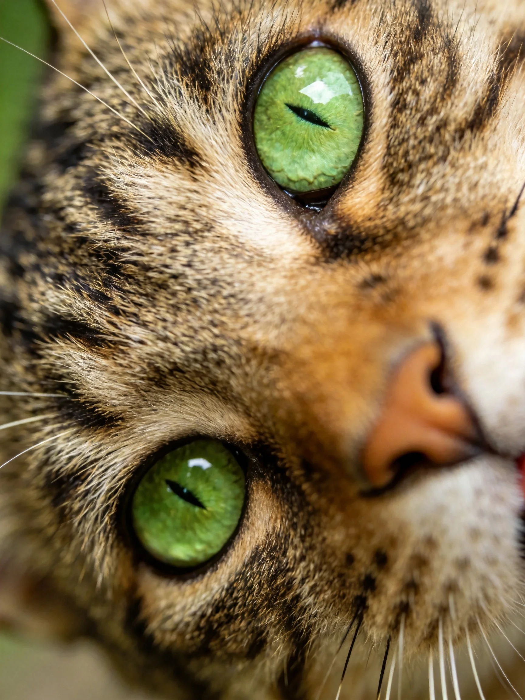 A close-up view of a tabby cat’s face emphasizing its vivid green eyes.