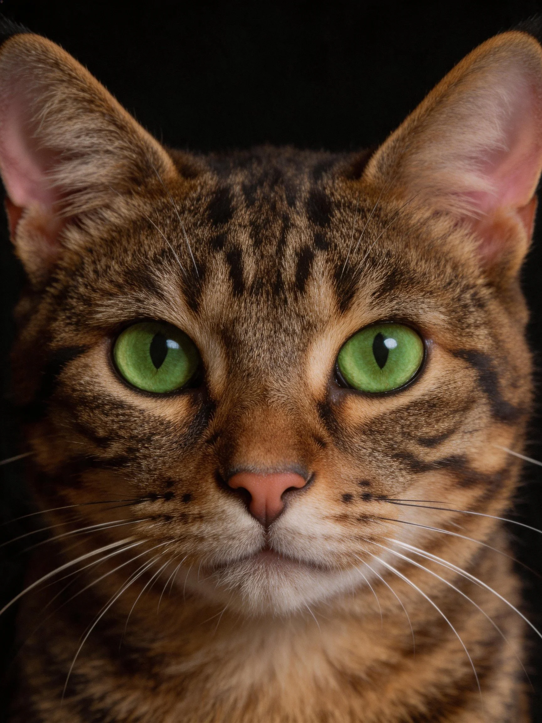 A close - up portrait of a tabby cat with striking green eyes.