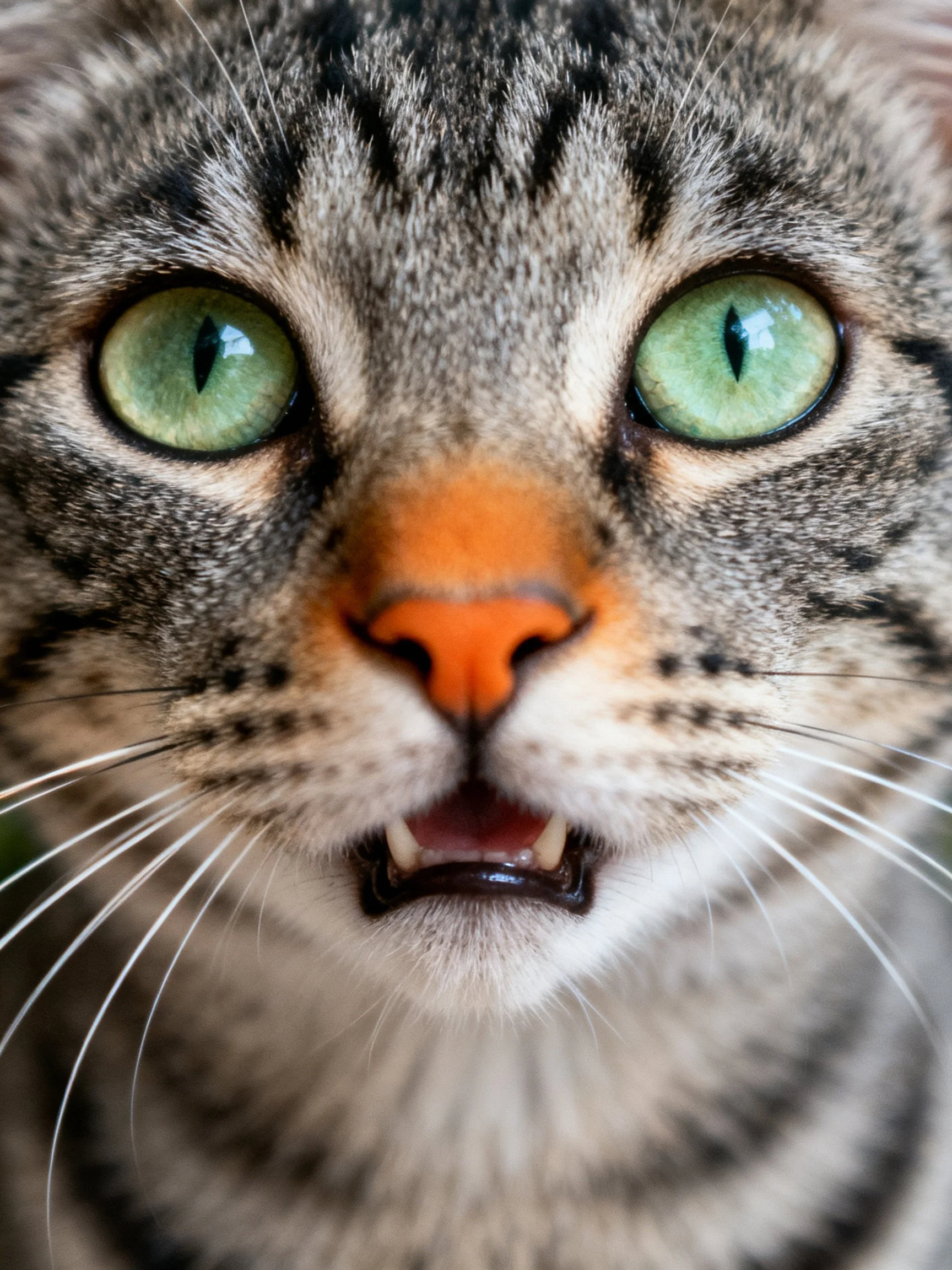 A close-up view of a tabby cat showcasing vibrant green eyes and an orange nose.