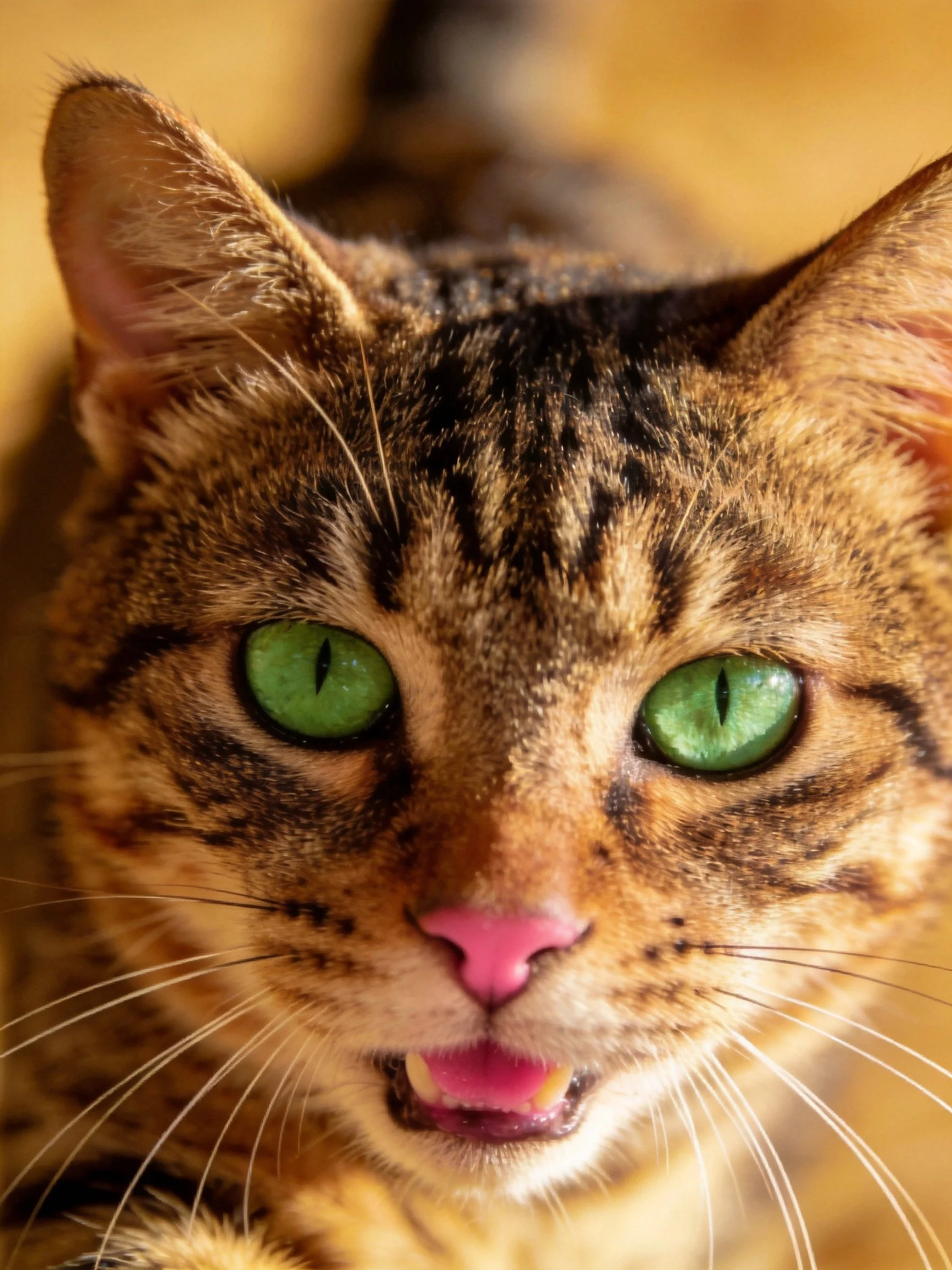 Close-up of a tabby cat showcasing bright green eyes and distinctive furpatterns.
